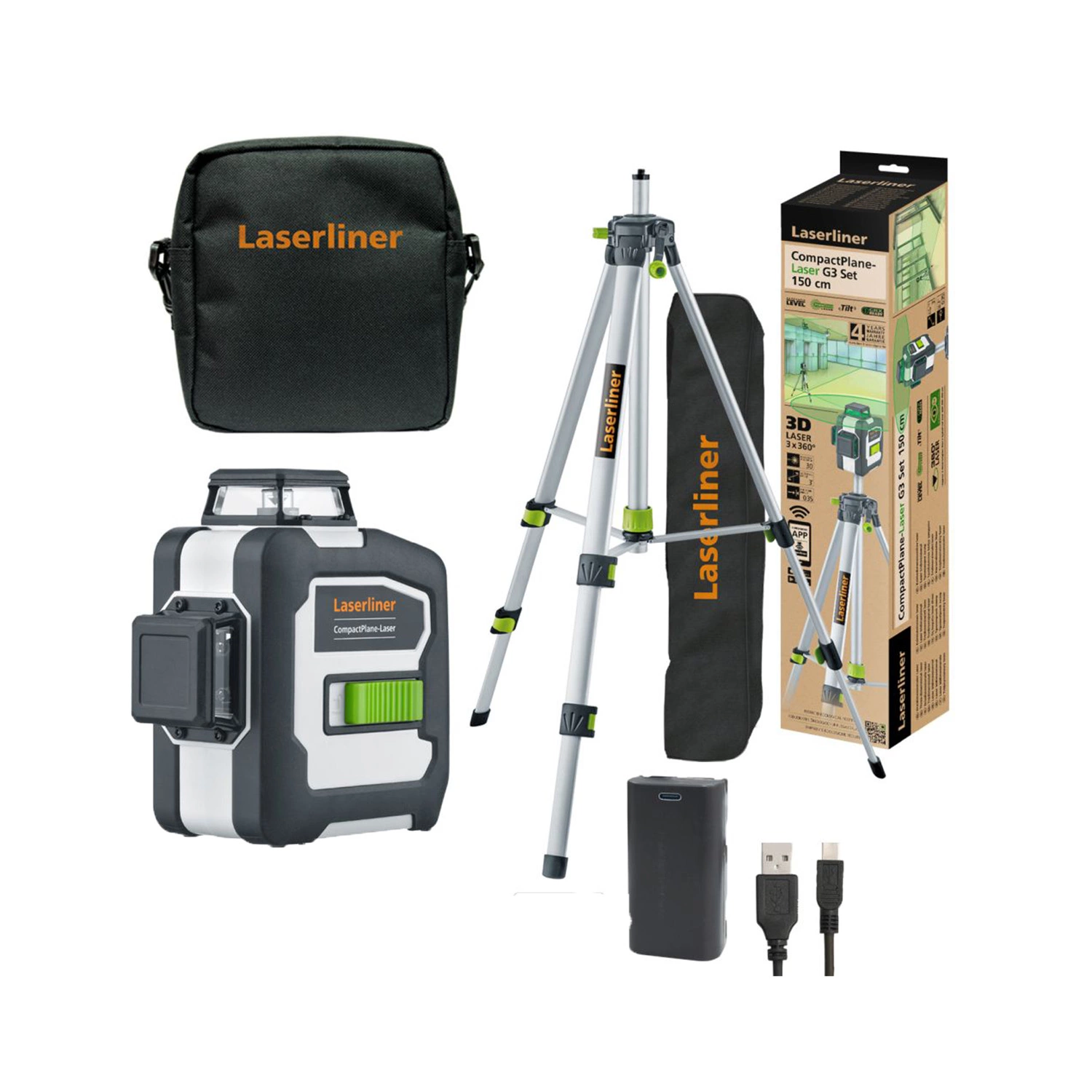 Laserliner CompactPlane-Laser 3G Set 150 Kruislijnlaser set incl. statief in tas - 3 lijnen - groen - 30m-image