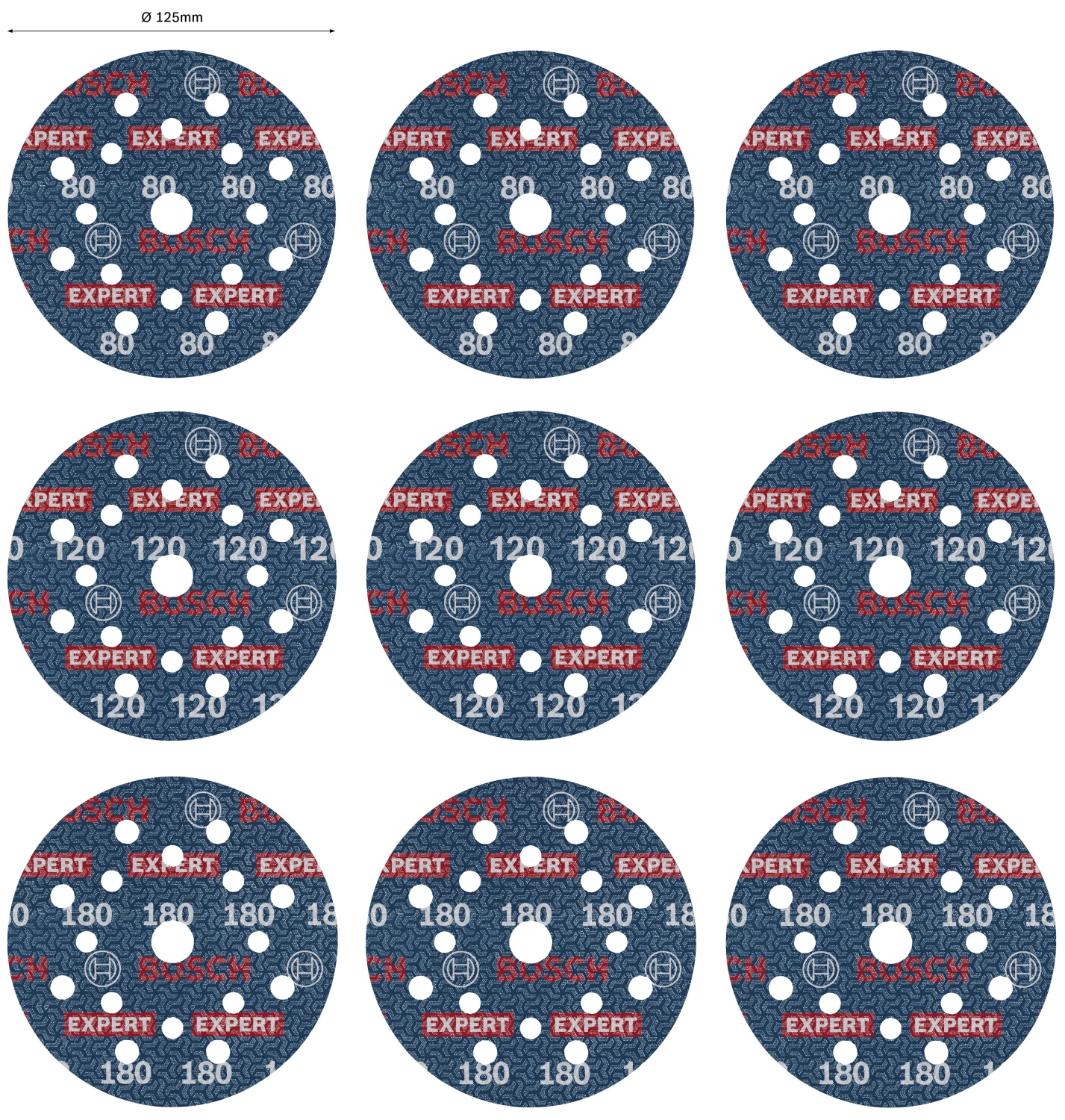 Bosch 2608902407 EXPERT Jeu de 9 disques abrasifs O780 avec support film - 125 mm - 3xK80/3xK120/3xK180-image