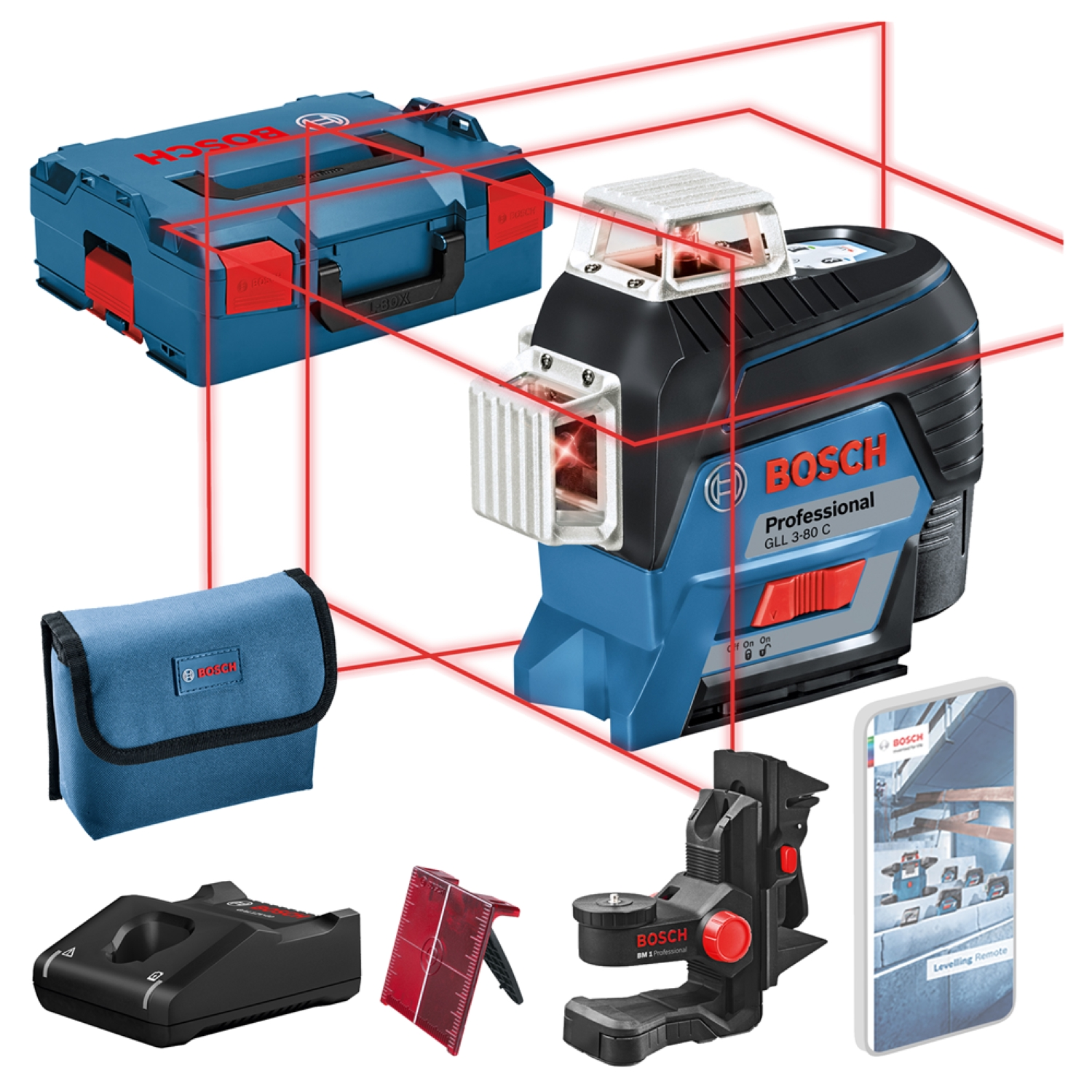 Bosch GLL 3-80 C 12V Li-Ion accu lijnlaser set (1x 2.0Ah accu) in L-boxx - Rood-image