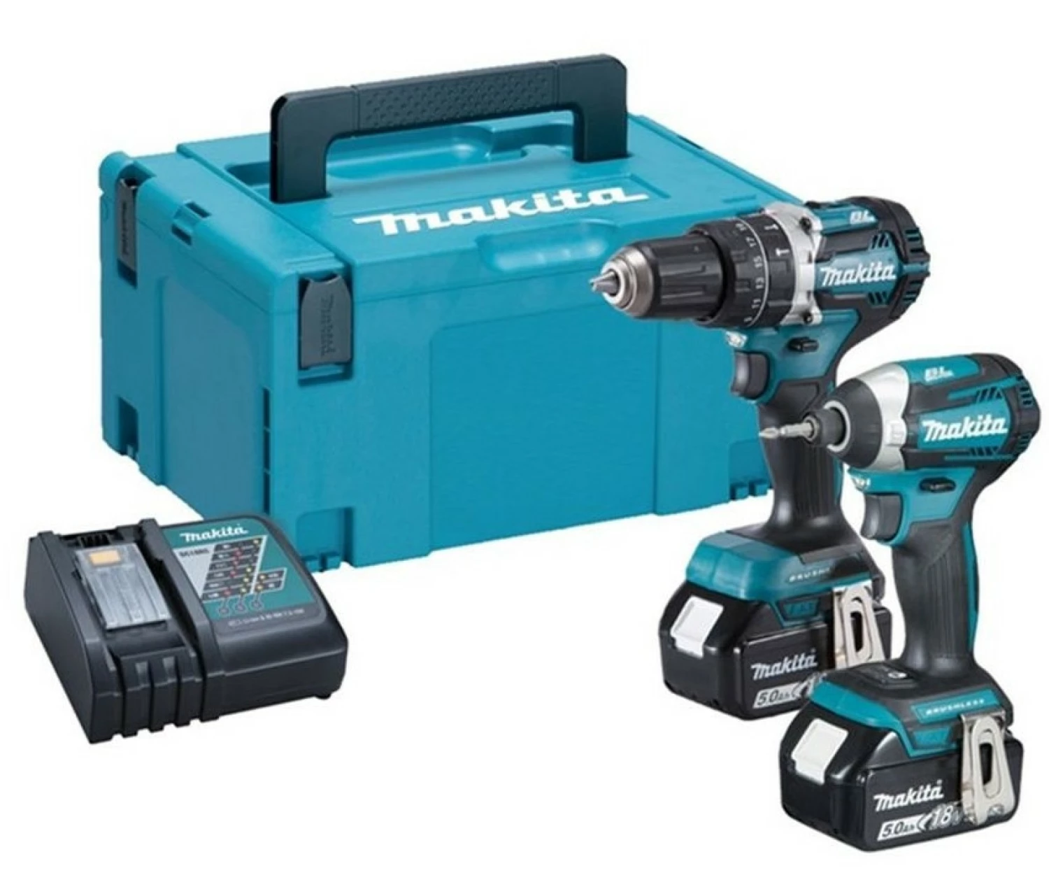 Makita DLX2181TJ - Jeu d'outils sans-fil - 18V Li-ion - Perceuse à percussion DHP484 & perceuse visseuse à percussion DTD154 - 2 batteries 5,0 Ah - MAKPAC - Brushless-image