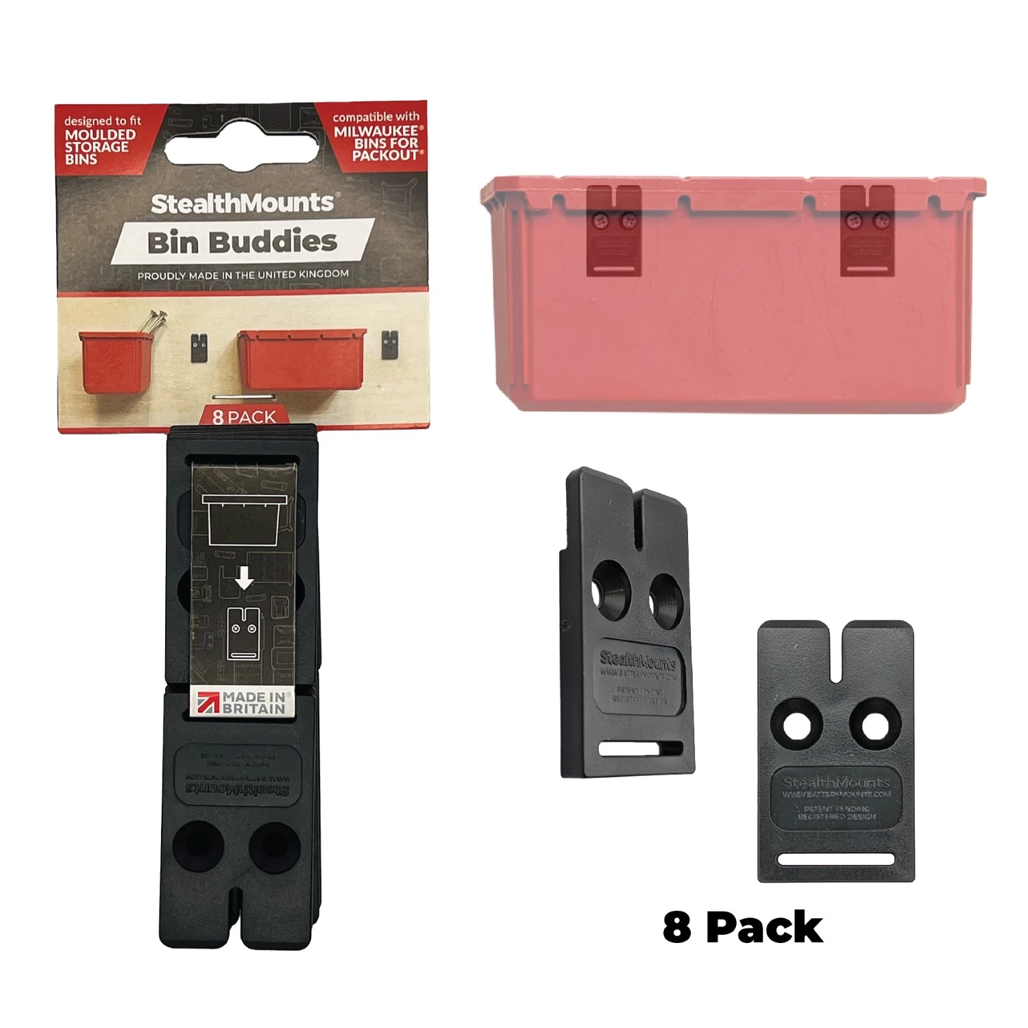 StealthMounts OM-BIN-BLK-8 Bin Buddy Mount - pour Milwaukee PACKOUT™ / Ridgid / AEG / Keter - noir - 8 pièces-image