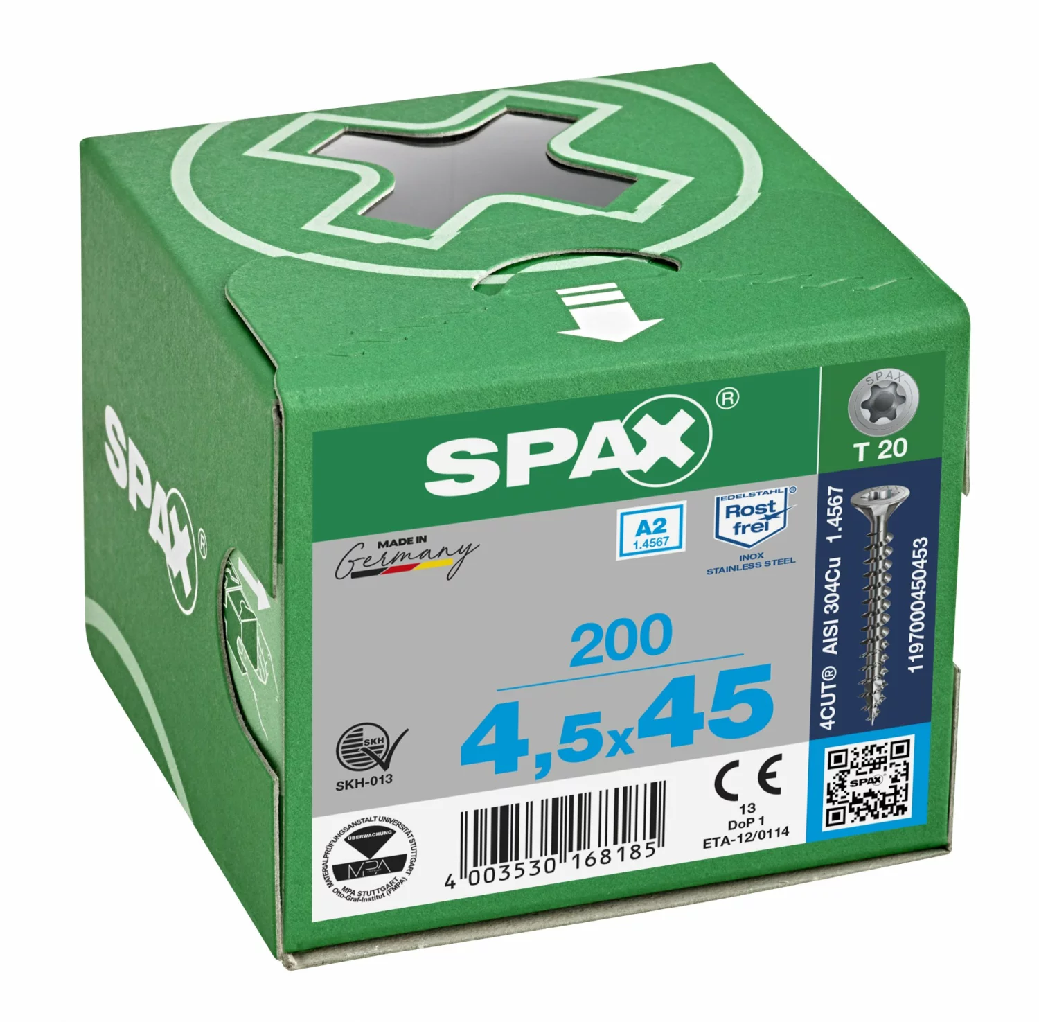 SPAX 1197000450453 - Vis en acier inoxydable, 4,5 x 45 mm, 200 pièces, Tête centrante, Tête fraisée, T-STAR plus T20, 4CUT, Acier inoxydable A2-image