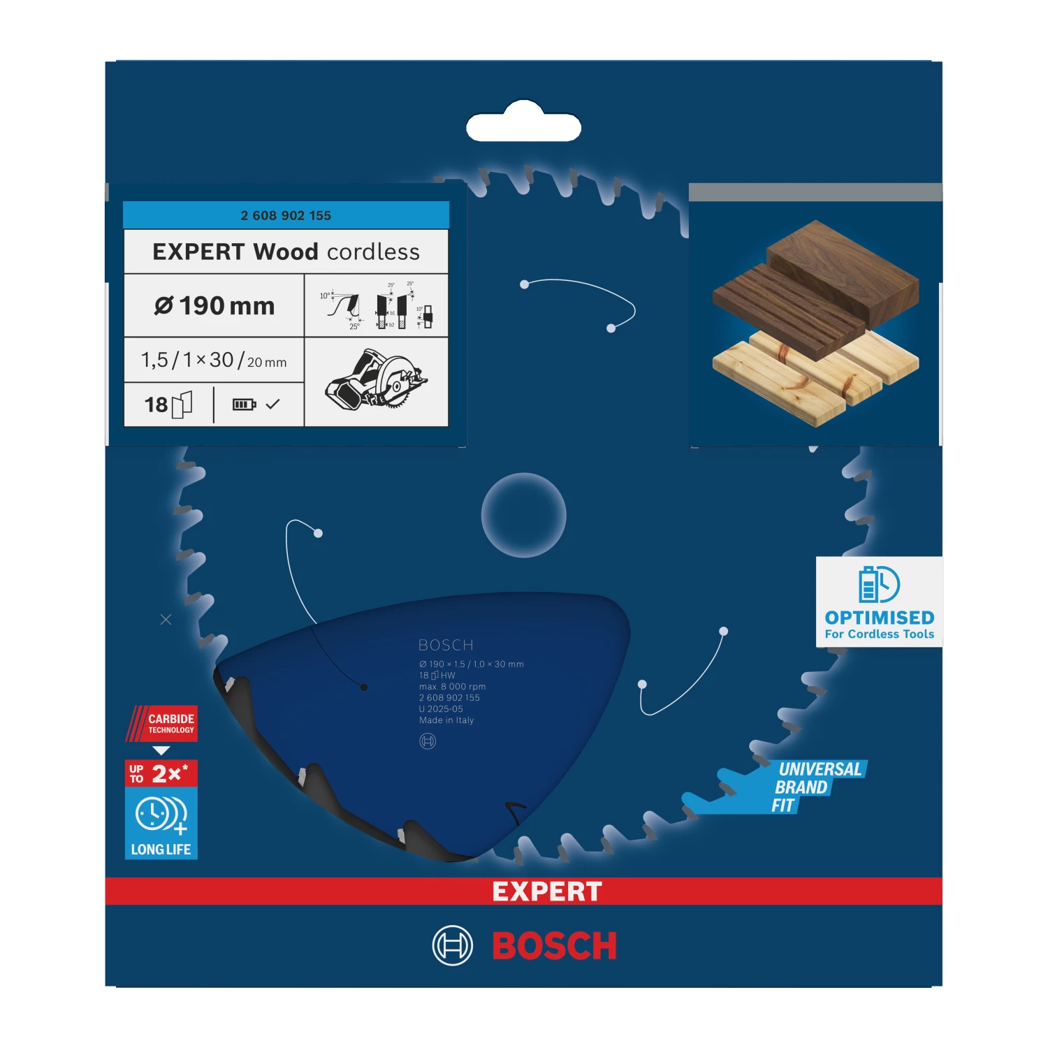 Bosch 2608902155 Lame de scie circulaire sans fil EXPERT pour bois - 190 x 30 x 18D-image