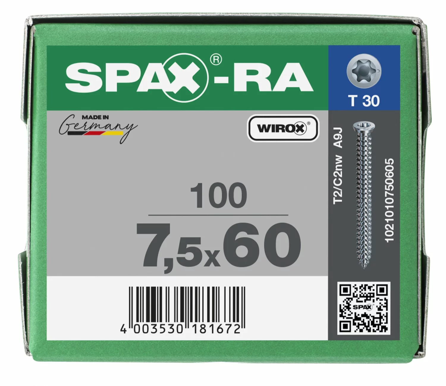 SPAX-Ra 1021010750605 Kozijnschroef, Platverzonken kop, 7.5 x 60, Voldraad, T-STAR plus TX30 - WIROX - 100 stuks-image