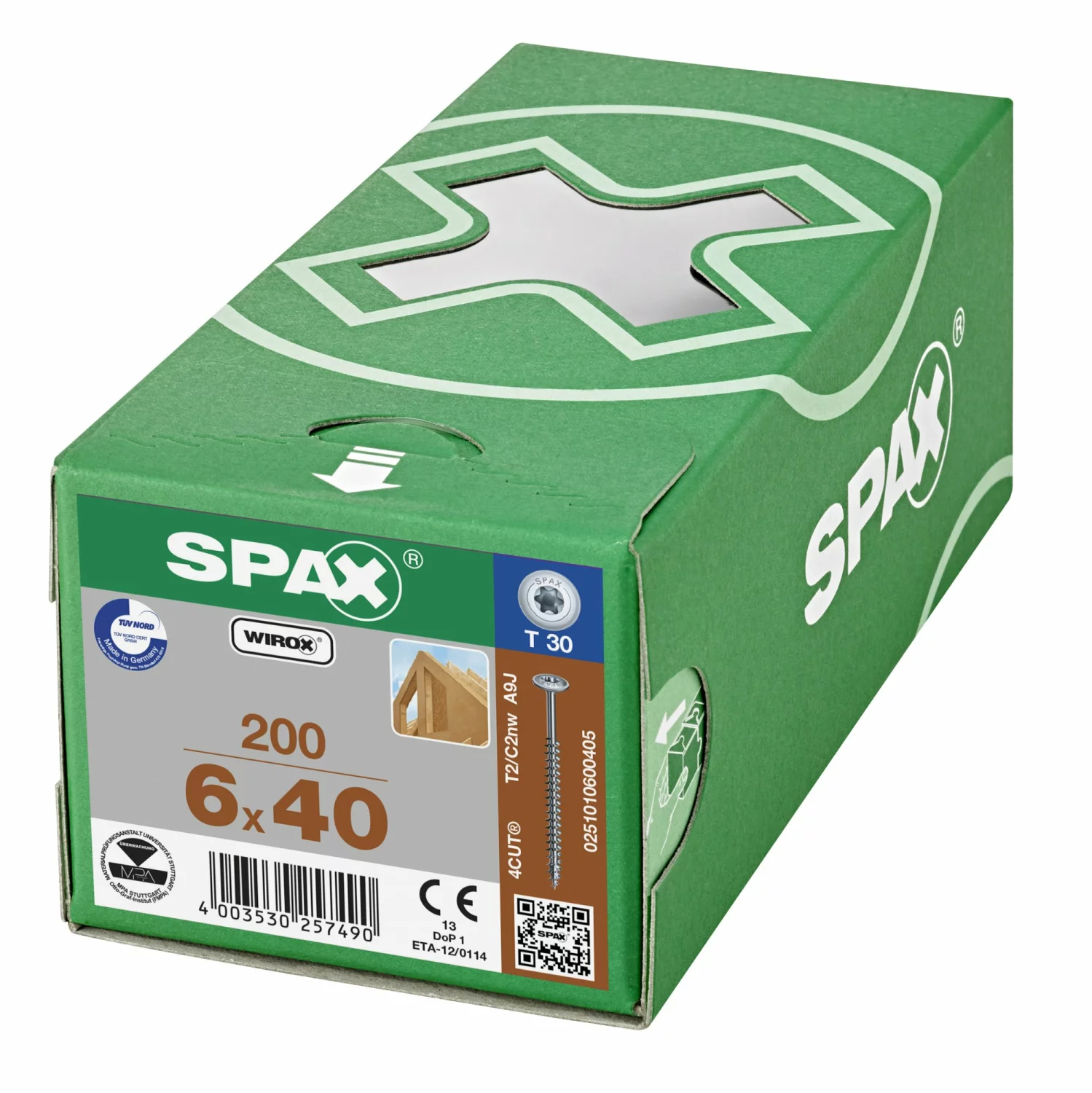 SPAX 251010600405 - HI.FORCE, 6 x 40 mm, 200 pièces, Tête centrante, Tête disque, T-STAR plus T30, 4CUT, WIROX