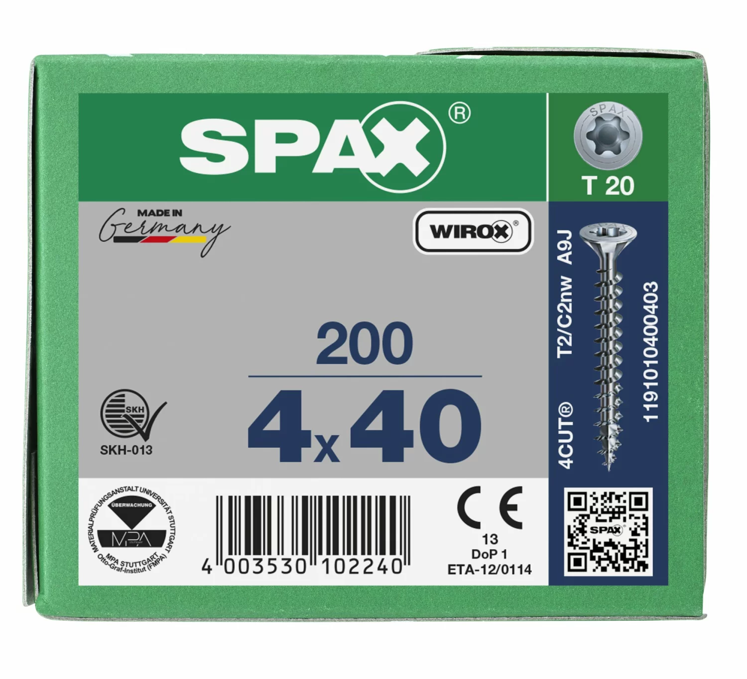 SPAX 1191010400403 - Vis universelle, 4 x 40 mm, 200 pièces, Tête centrante, Tête fraisée, T-STAR plus T20, 4CUT, WIROX-image