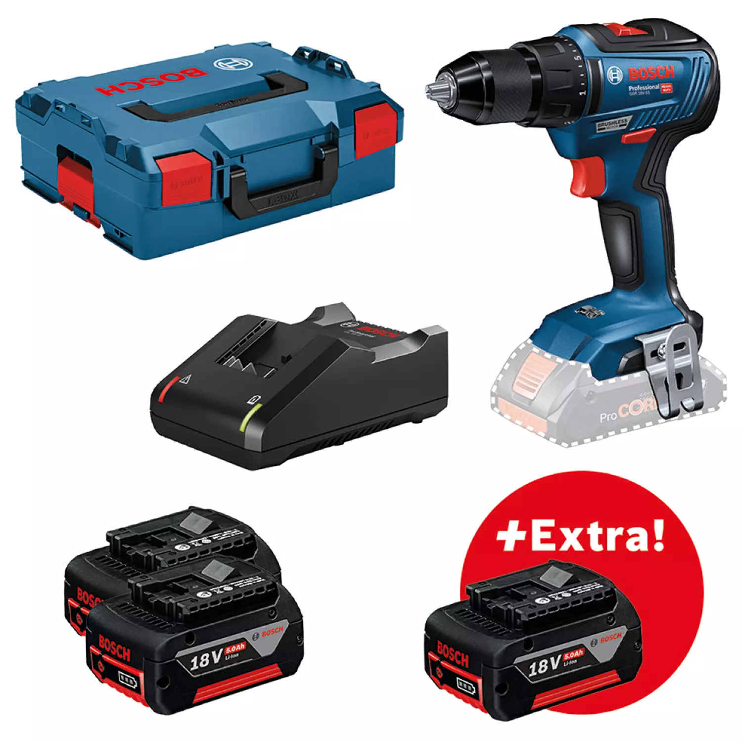 Bosch 0615990L8D - Set perceuse visseuse Li-Ion 18V (3x batterie 5,0Ah) dans L-Boxx - moteur brushless - 55Nm-image