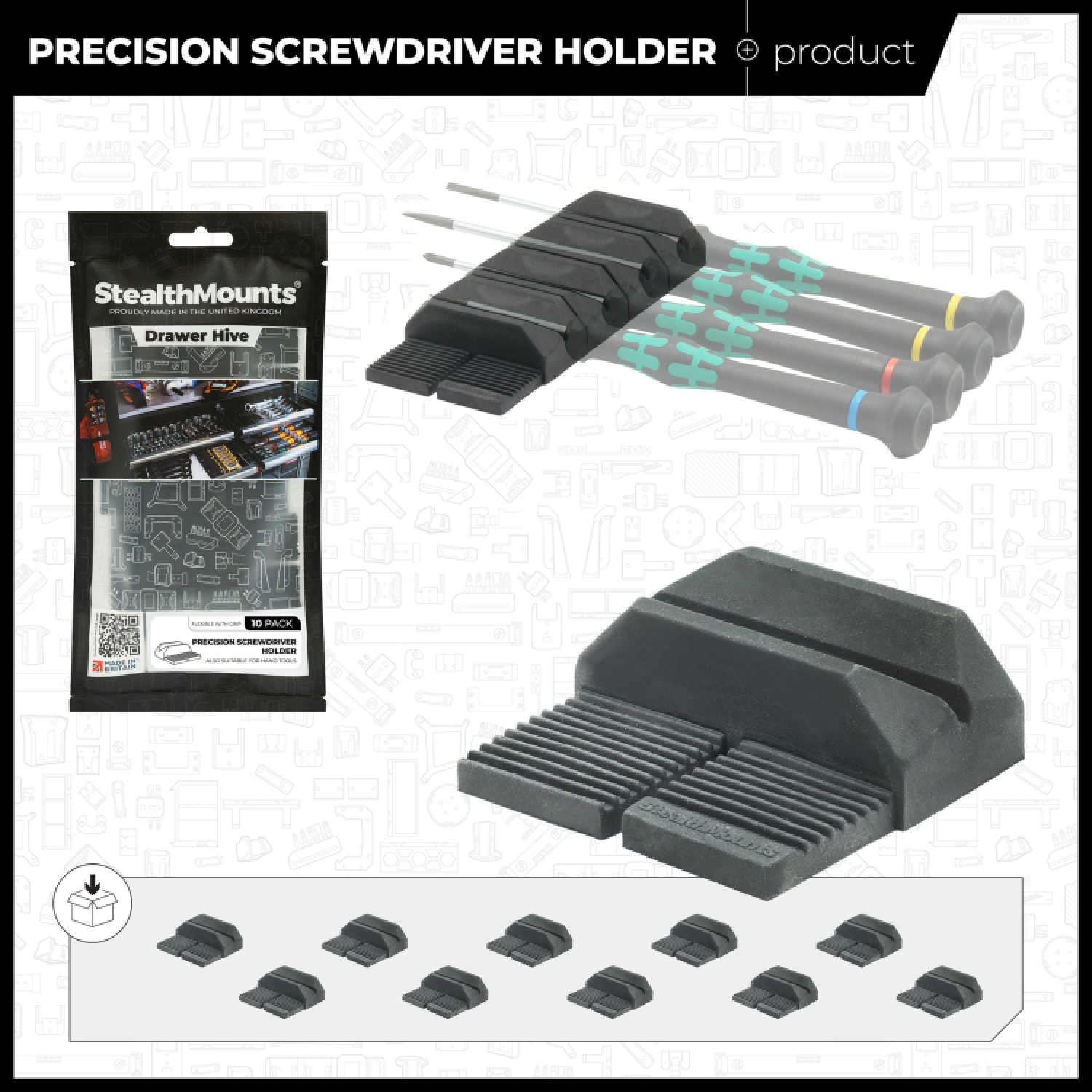 StealthMounts DHSP-SD-S-10 Drawer Hive Precisie Schroevendraaierhouder voor ladekast - zwart - 10 stuks-image