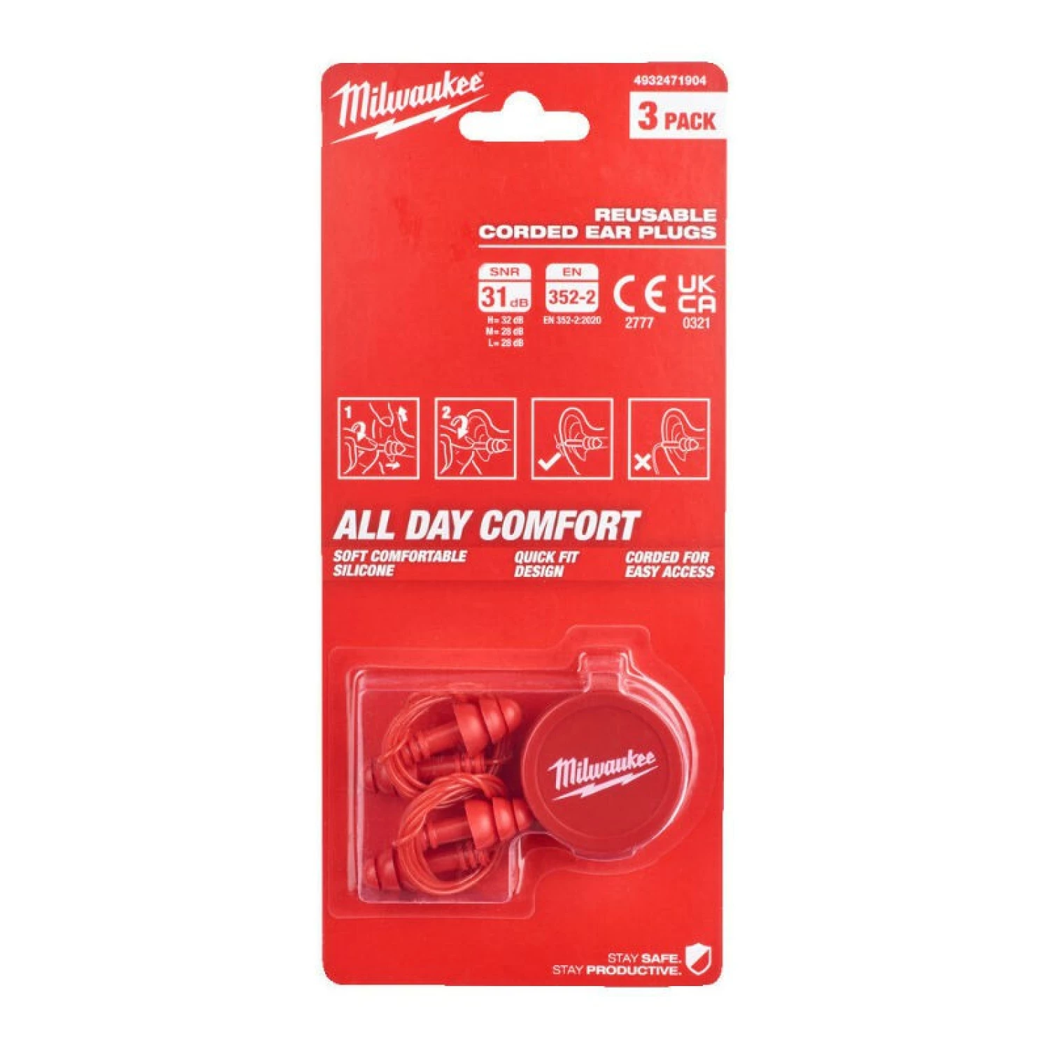 Milwaukee 4932471904 Herbruikbare siliconen oordoppen aan koord (3-pack) - SNR 31dB-image