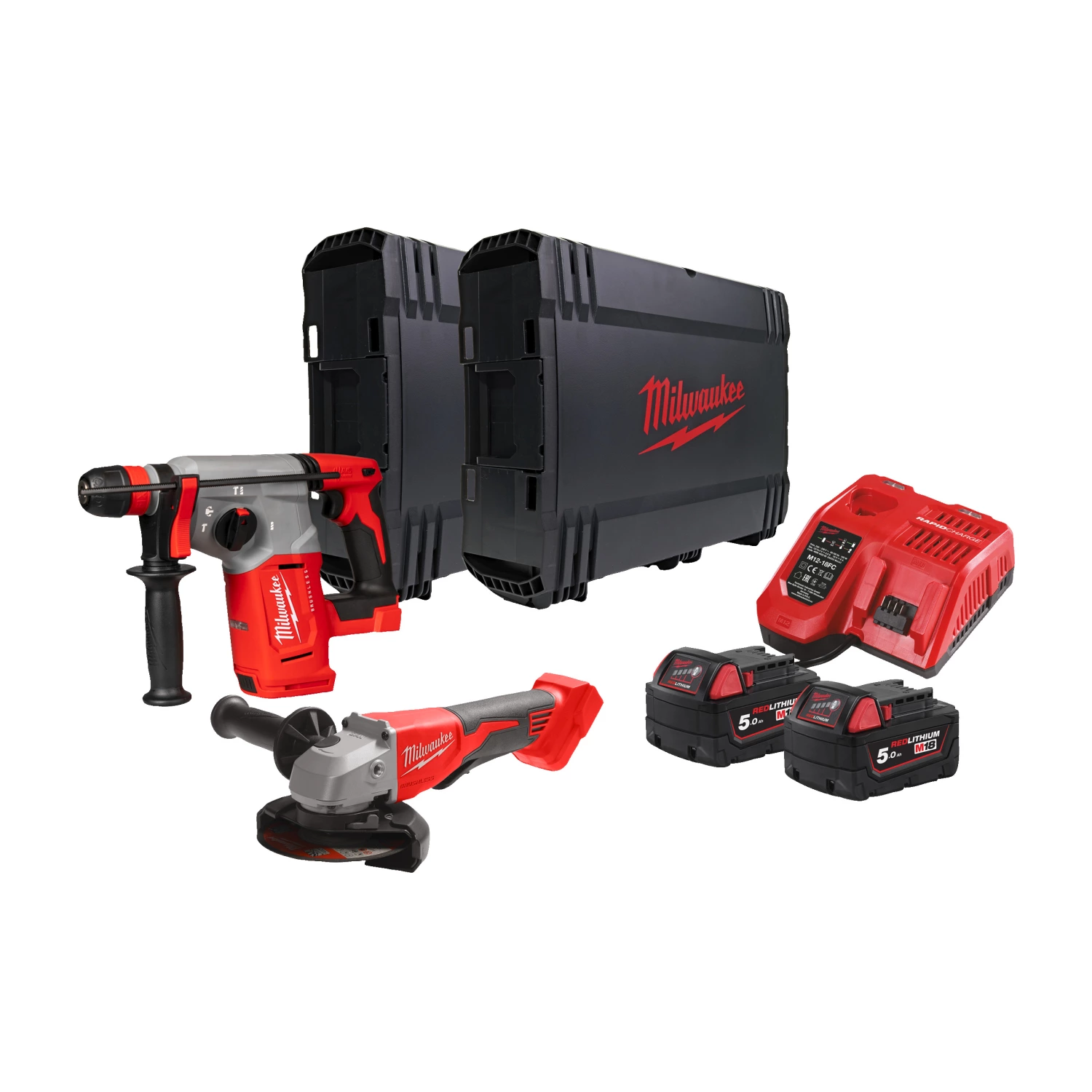 Milwaukee M18 BLPP2G-502X combi marteau (M18 BLHX-0) et meuleuse d'angle (M18 BLSAG125XPD) sans fil 18V Li-ion (2x batterie 5.0Ah) en boîte HD-image