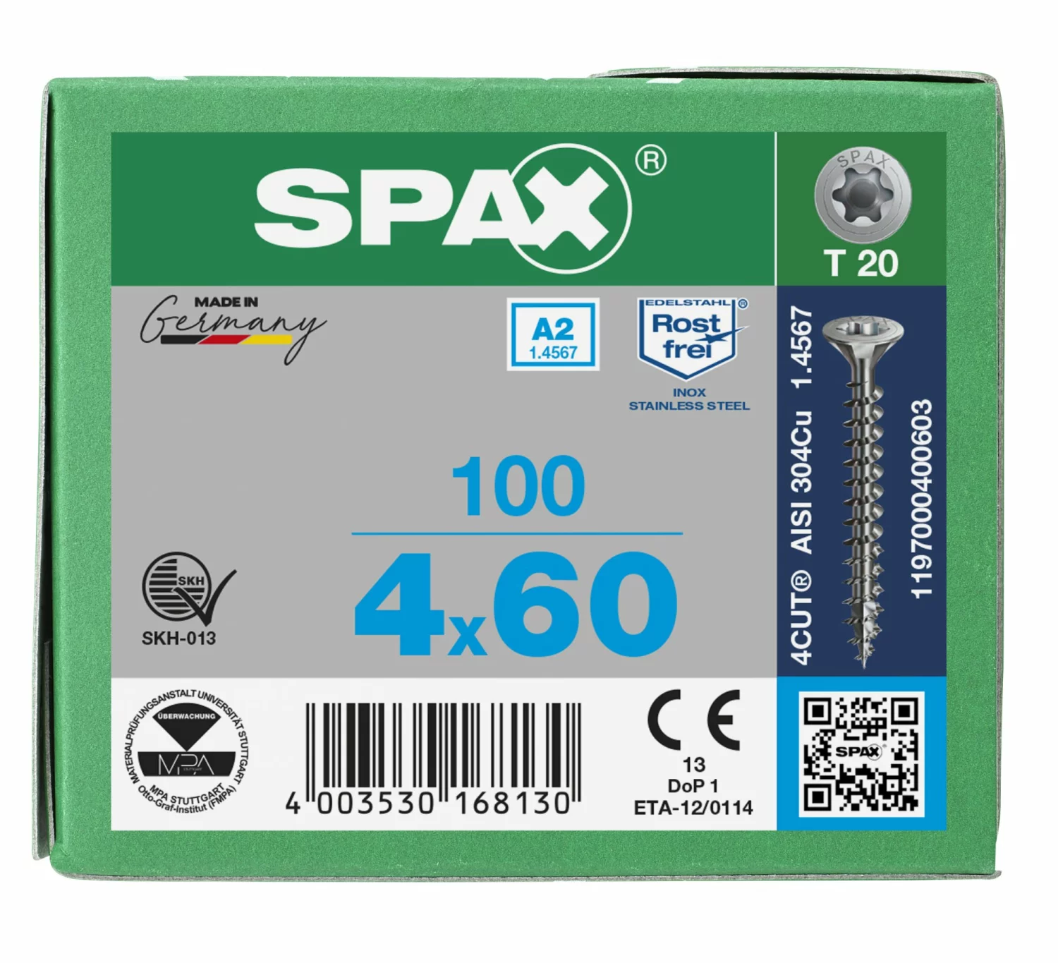 SPAX 1197000400603 - Vis en acier inoxydable, 4 x 60 mm, 100 pièces, Tête centrante, Tête fraisée, T-STAR plus T20, 4CUT, Acier inoxydable A2-image