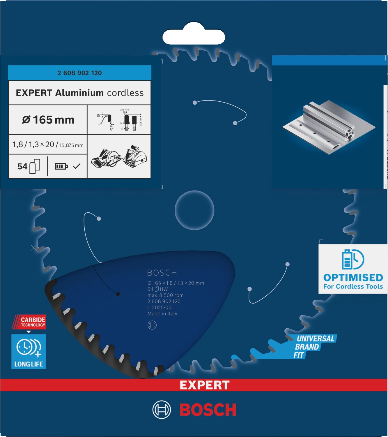 Bosch 2608902120 Lame de scie circulaire EXPERT - 165 x 20 x 54D - aluminium - Sans fil