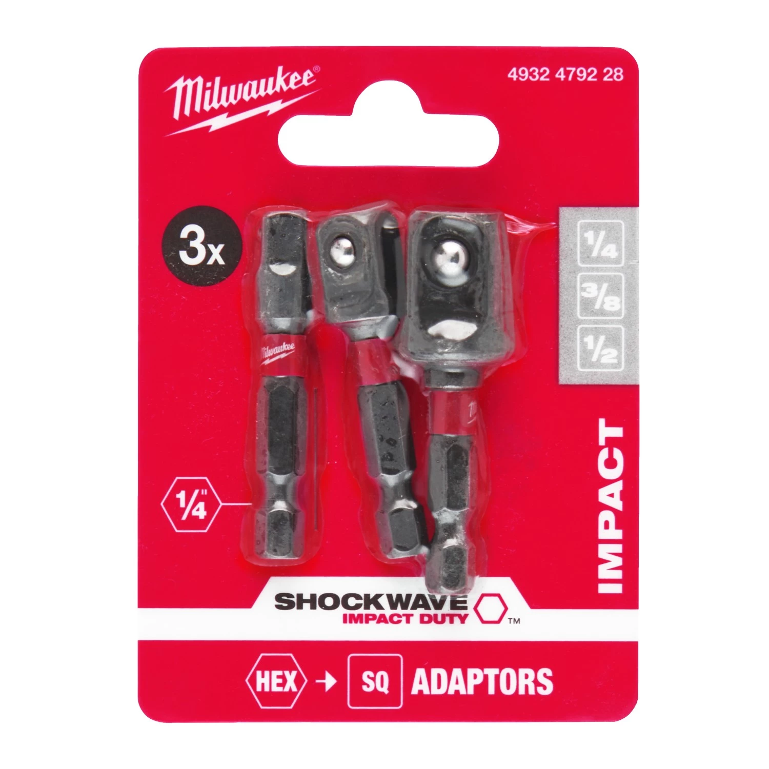 Milwaukee 4932479228 Adaptateur de capuchon Shockwave - 1/4« Hex - 1/4 »/ - 1/4« - 1/2 » drive square (3pcs)-image