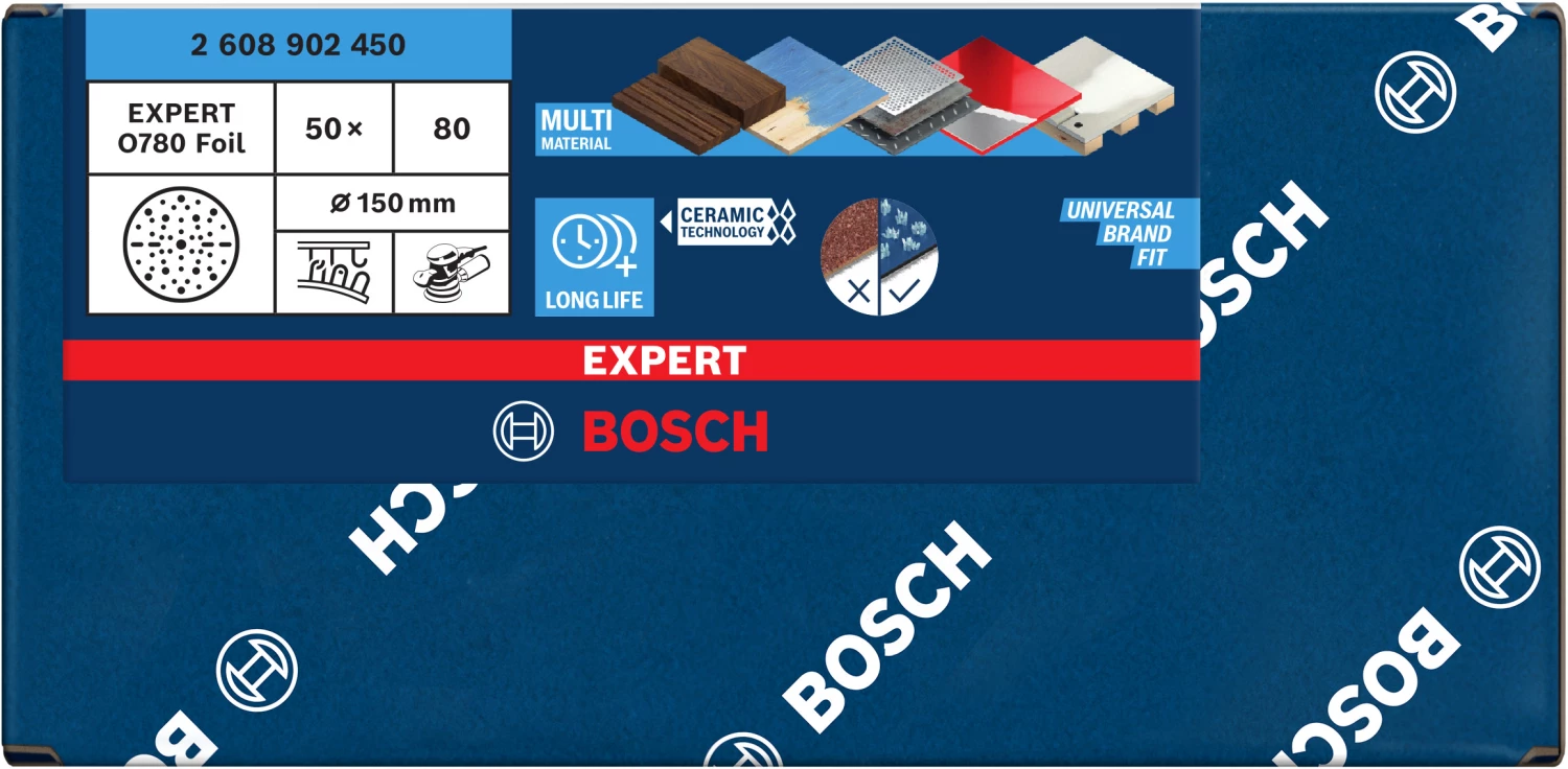 Bosch 2608902450 Disque abrasif EXPERT O780 avec support film - 150 mm - K80 (50 pcs)-image