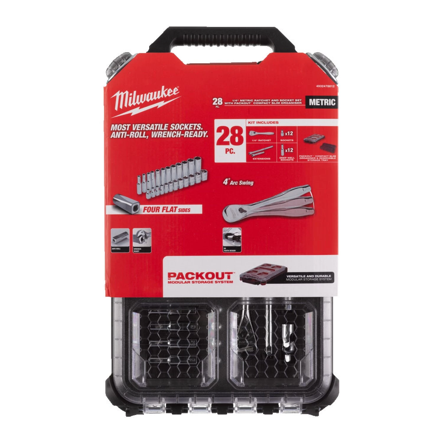 Milwaukee 4932478812 Jeu de clés à cliquet et de douilles 28 pièces - dans PACKOUT™ compact slim organiser - 1/4 ».-image