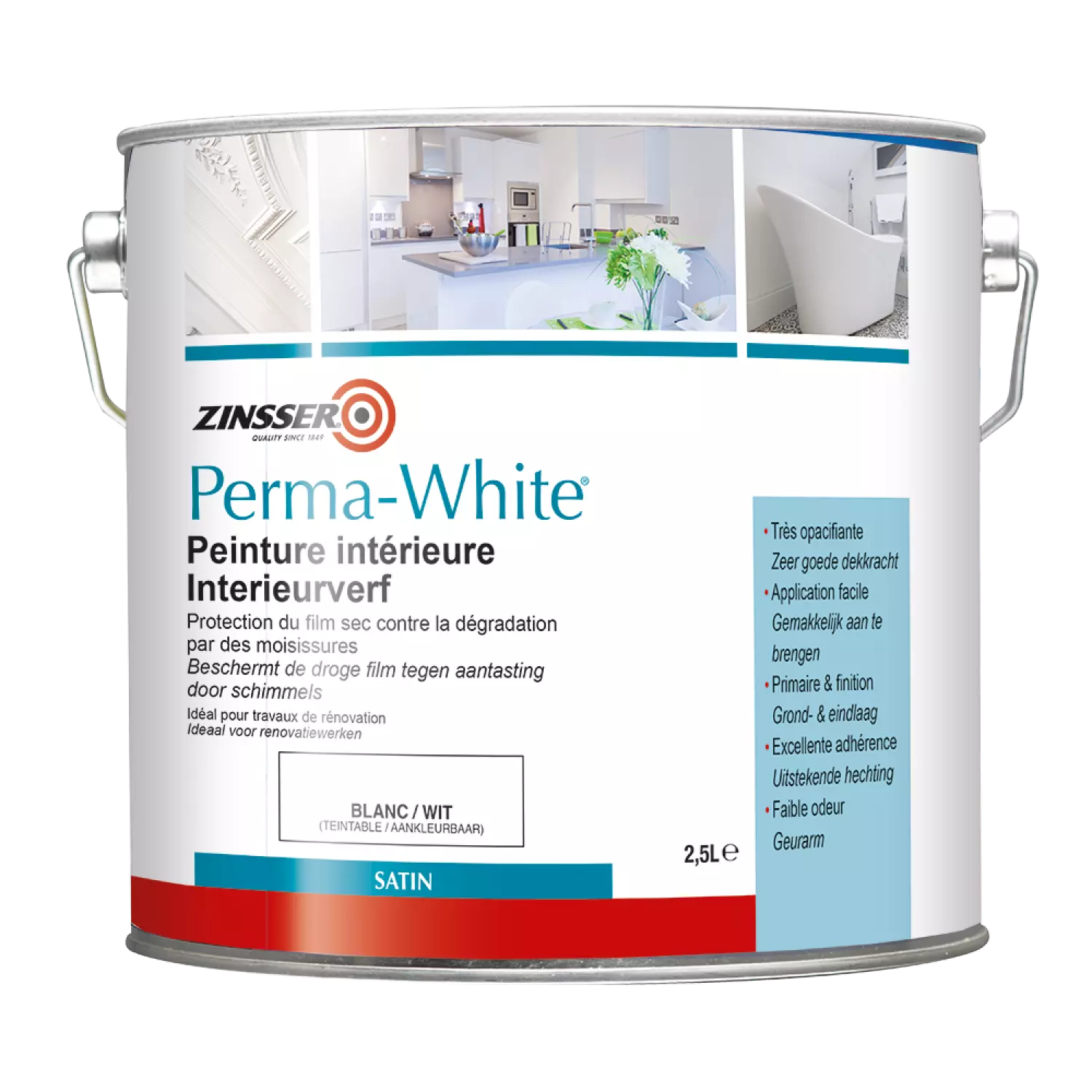 Zinsser Permawhite Satin zijdeglans - Badkamermuurverf - wit - 2,5L-image