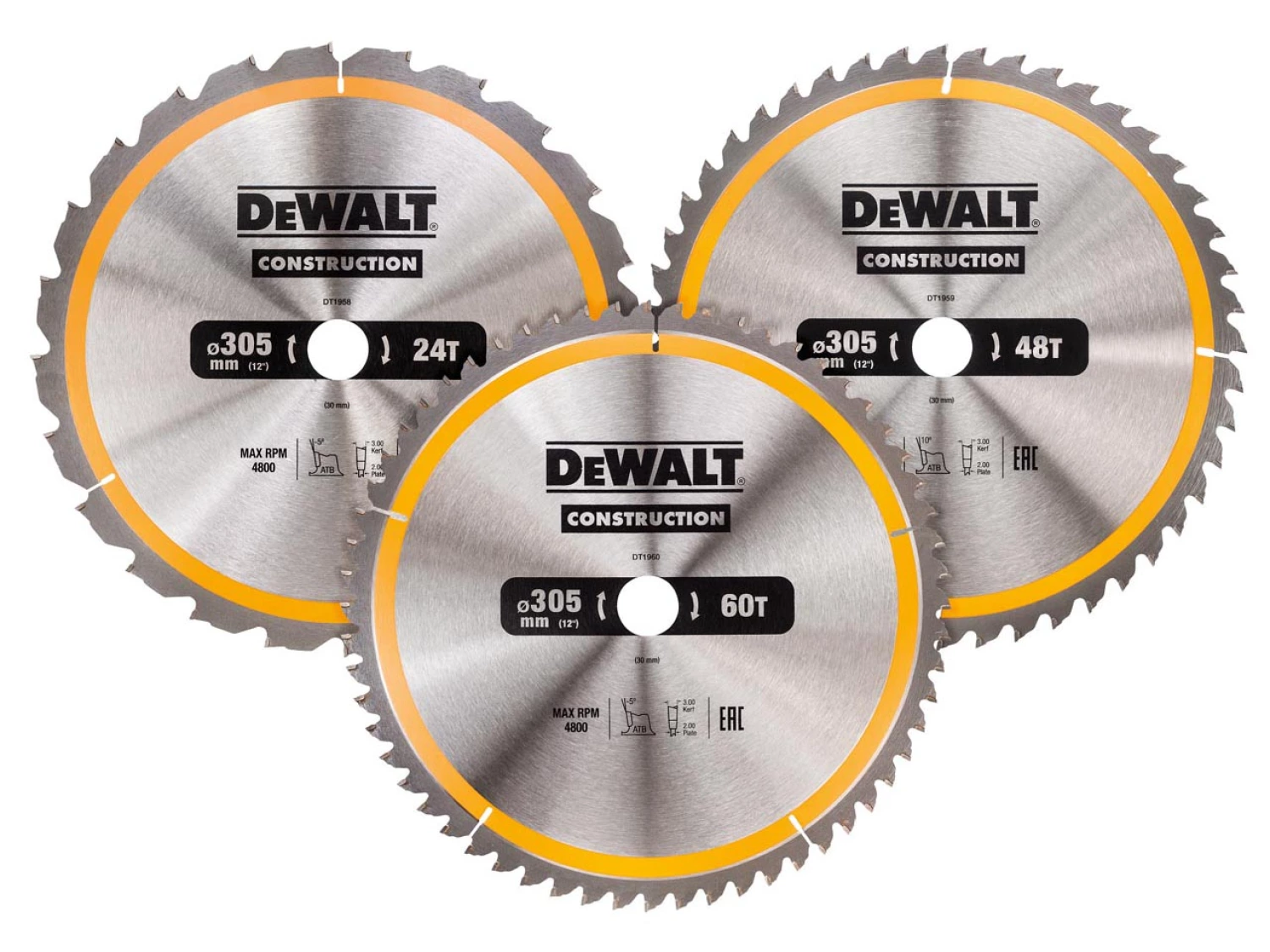 DeWALT DT1964 Jeu de lames de scie circulaire 3 pièces - 305 x 30 x 24t / 48t / 60t - Bois-image