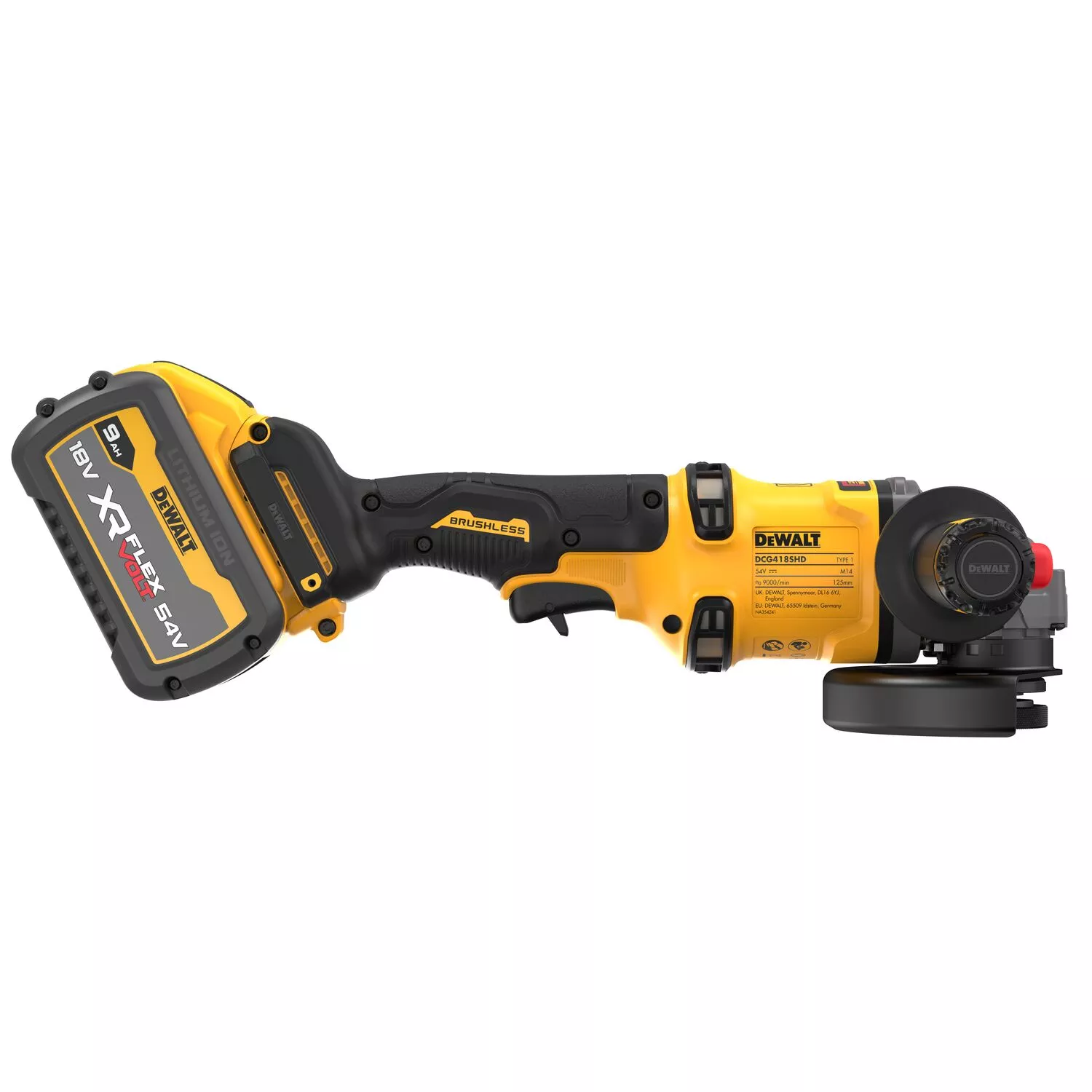 DeWALT DCG418SHDX2 Kit meuleuse d'angle sans fil Li-ion XR FlexVolt 54 V (2 batteries 9,0 Ah) dans TSTAK - 125 mm - Interrupteur de sécurité dans la poignée latérale-image