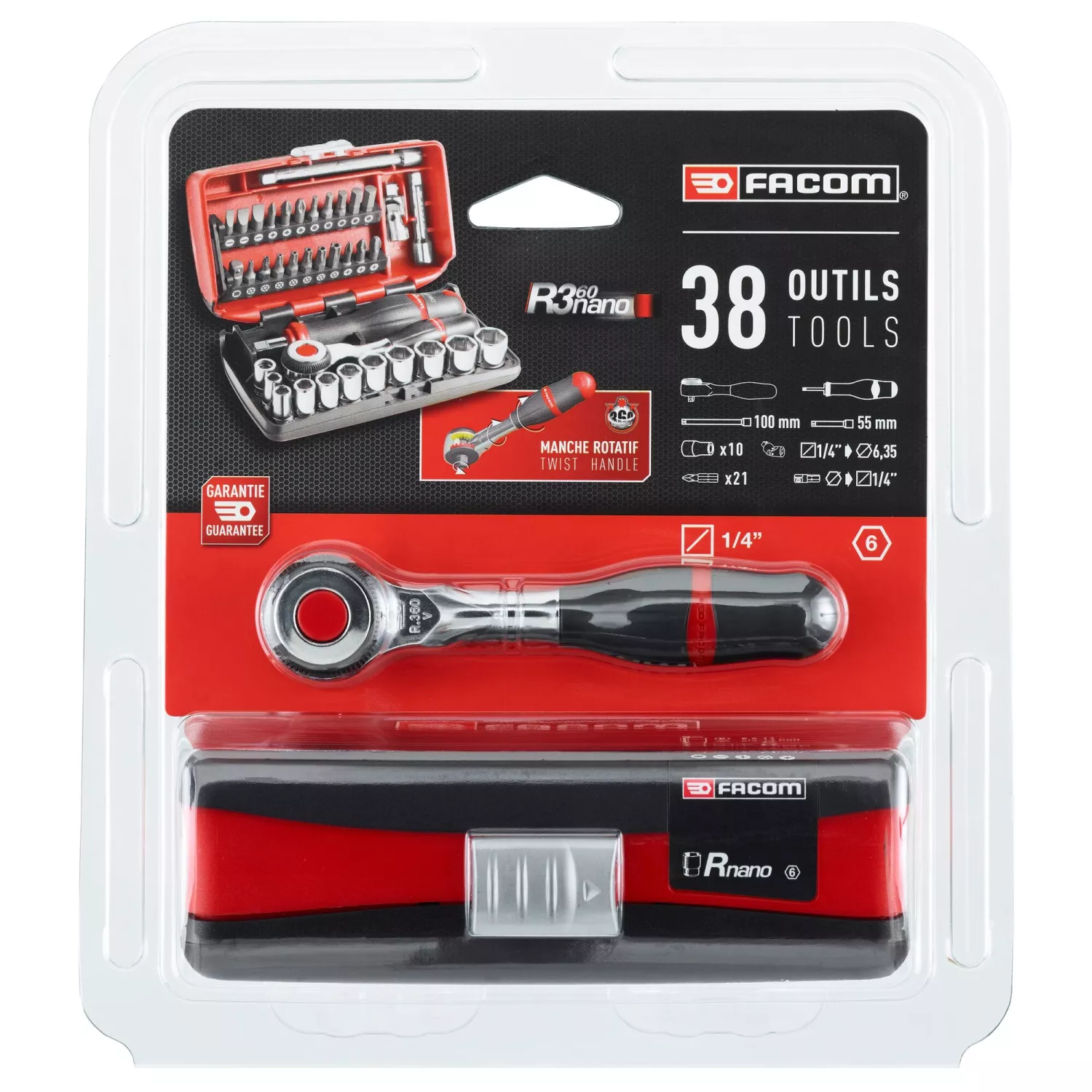 Facom R.360NANOPB Coffret de cliquet et de douilles 17 pièces en coffret - 1/4" 6 pans - métrique