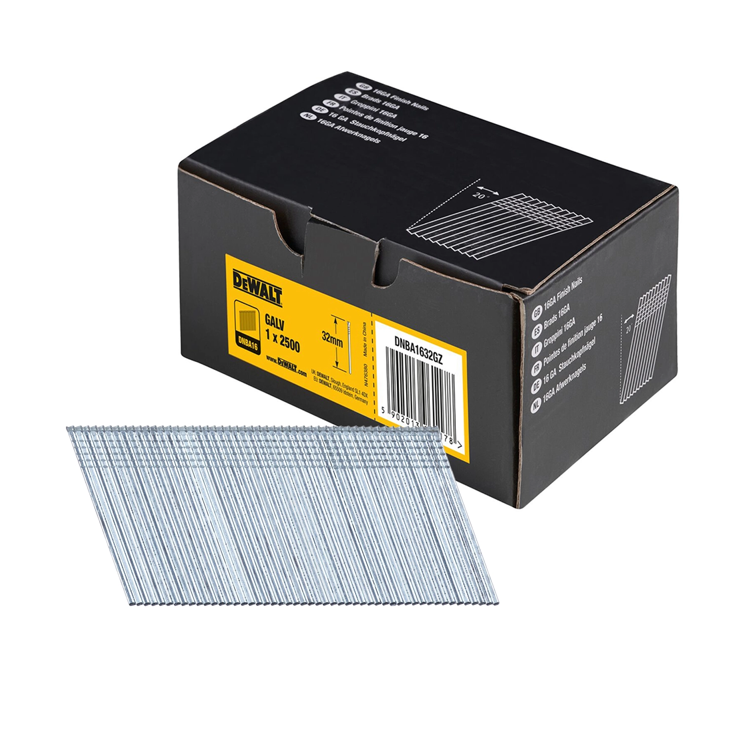 DeWALT DNBA1632GZ Clous galvanisé à 20° - 16 Gauge - 1.6x32mm (2500pcs)-image