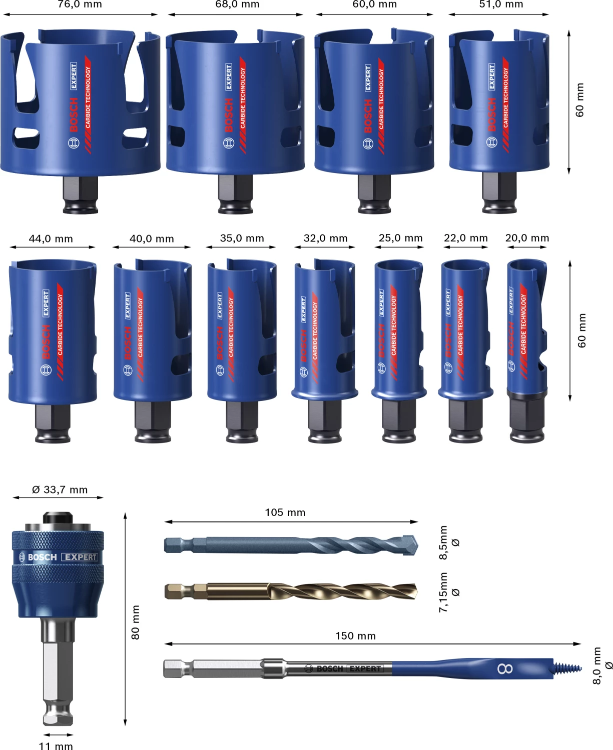Bosch 2608901950 EXPERT 15-delige Power-Change gatzagenset Construction Material Universeel 20/22/25/32/35/40/44/51/60/68/76mm-image