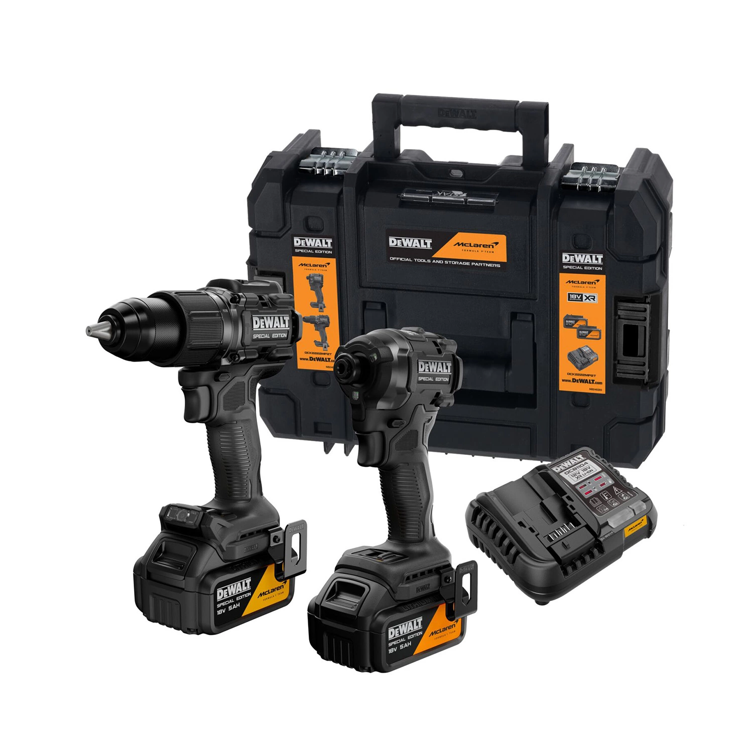 DeWALT X MCLAREN DCK2222MP2T-QW Perceuse-visseuse sans fil 18 V XR (DCD86M) & visseuse à chocs sans fil (DCF86M) ensemble combiné (2 batteries 5,0 Ah + chargeur)