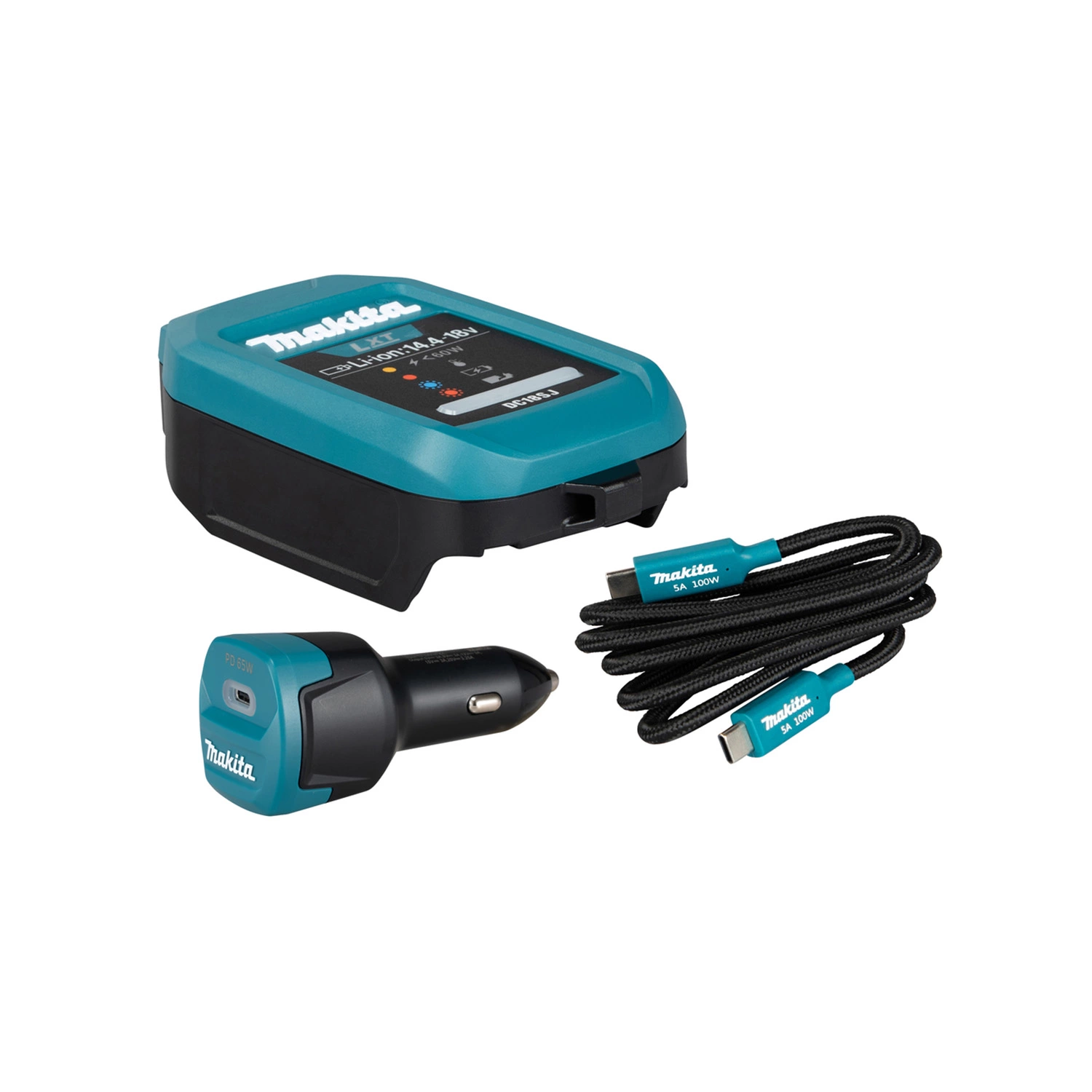 Makita 1915U4-1 Kit chargeur de batterie DC18SJ avec adaptateur ADP14 pour voiture et câble USB-C - 2,1 - 3,5 A
