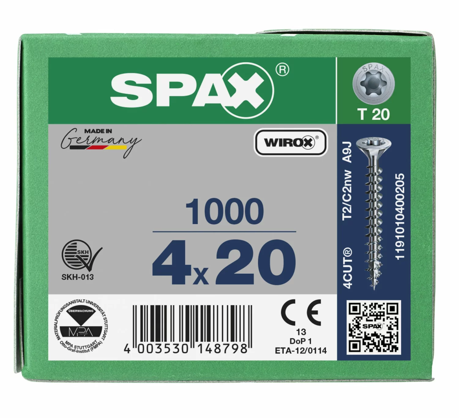 SPAX 1191010400205 - Vis universelle, 4 x 20 mm, 1000 pièces, Tête centrante, Tête fraisée, T-STAR plus T20, 4CUT, WIROX-image