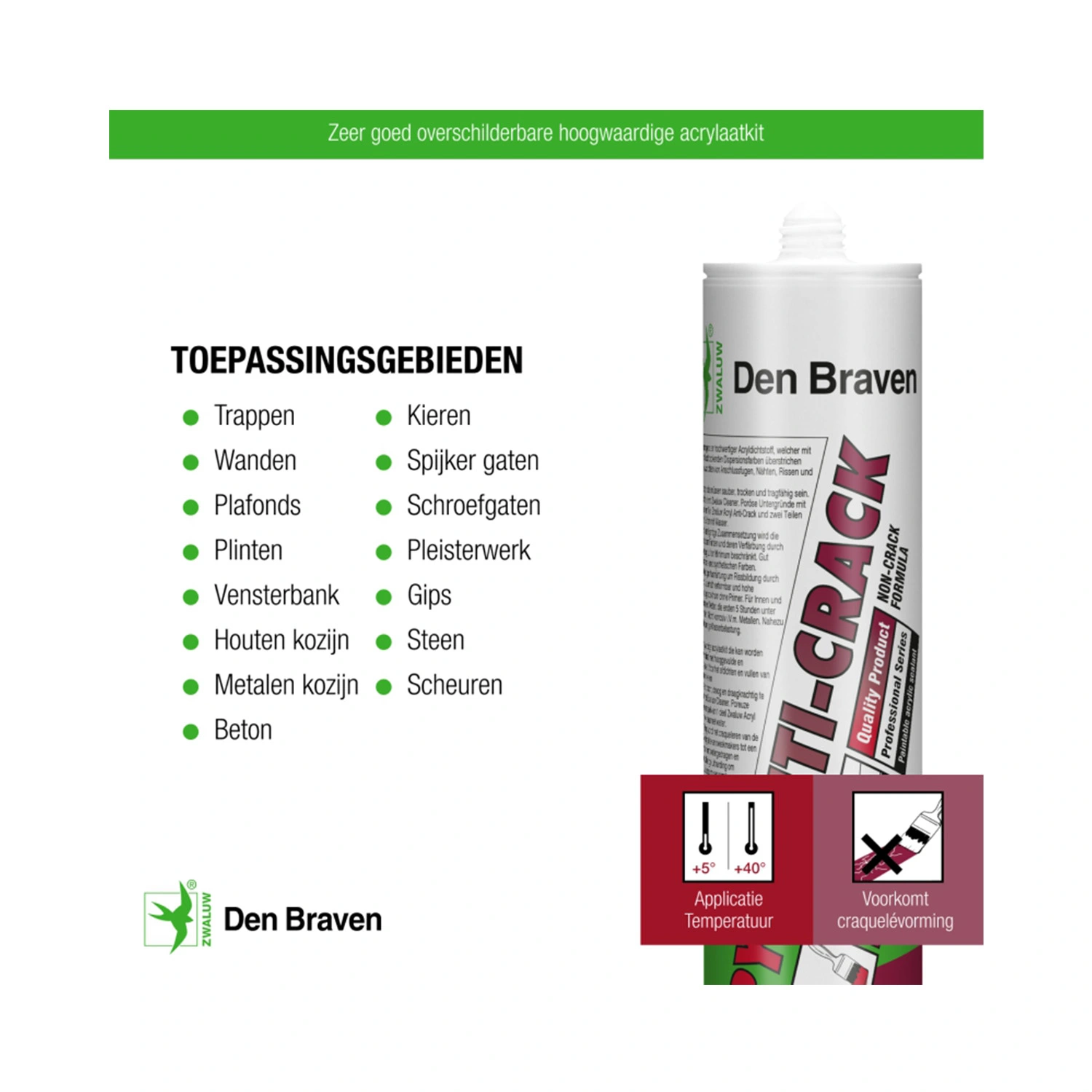 Zwaluw Den Braven 30615174 Mastic acrylique anti-fissures - Blanc - 310 ml - 12 pièces