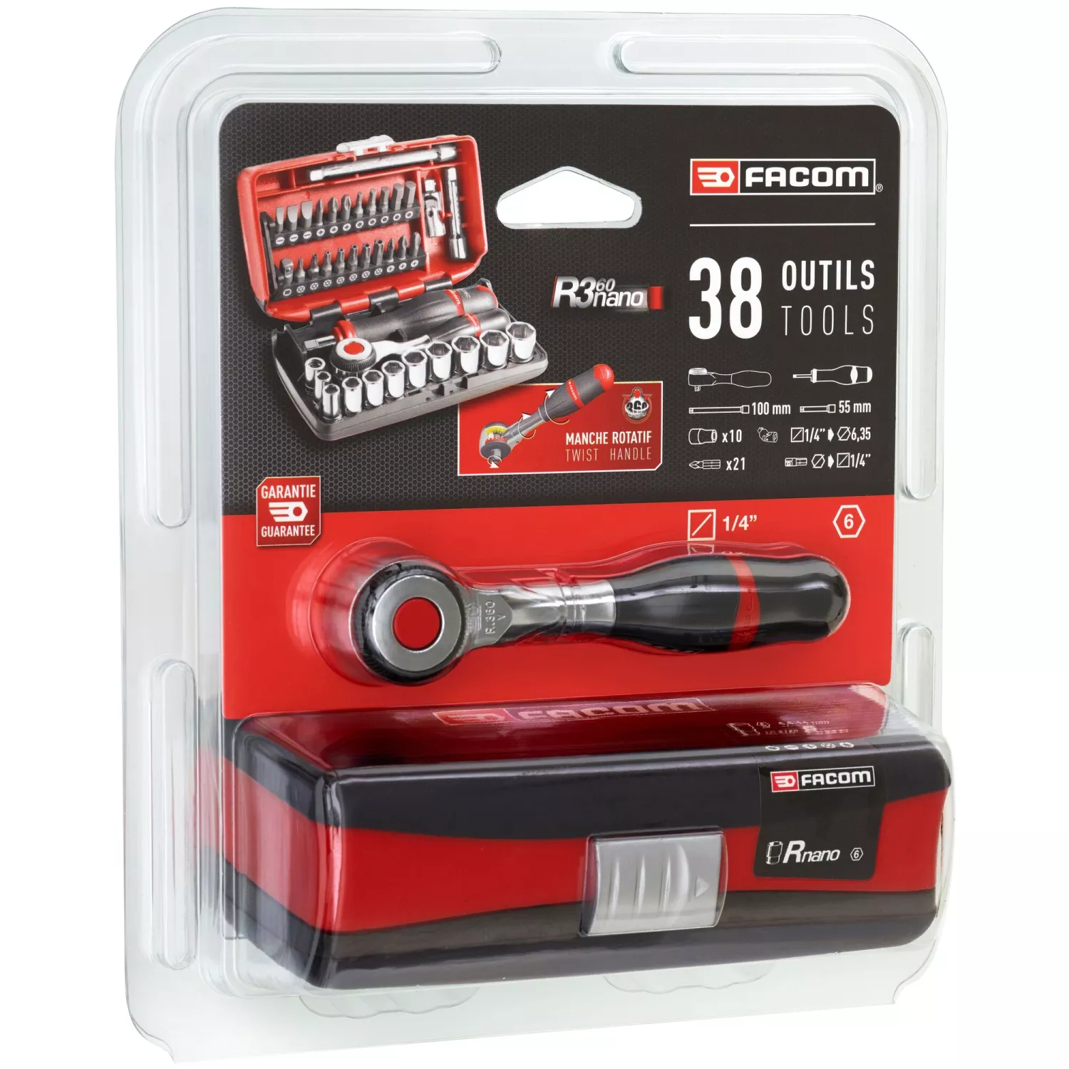 Facom R.360NANOPB Coffret de cliquet et de douilles 17 pièces en coffret - 1/4" 6 pans - métrique
