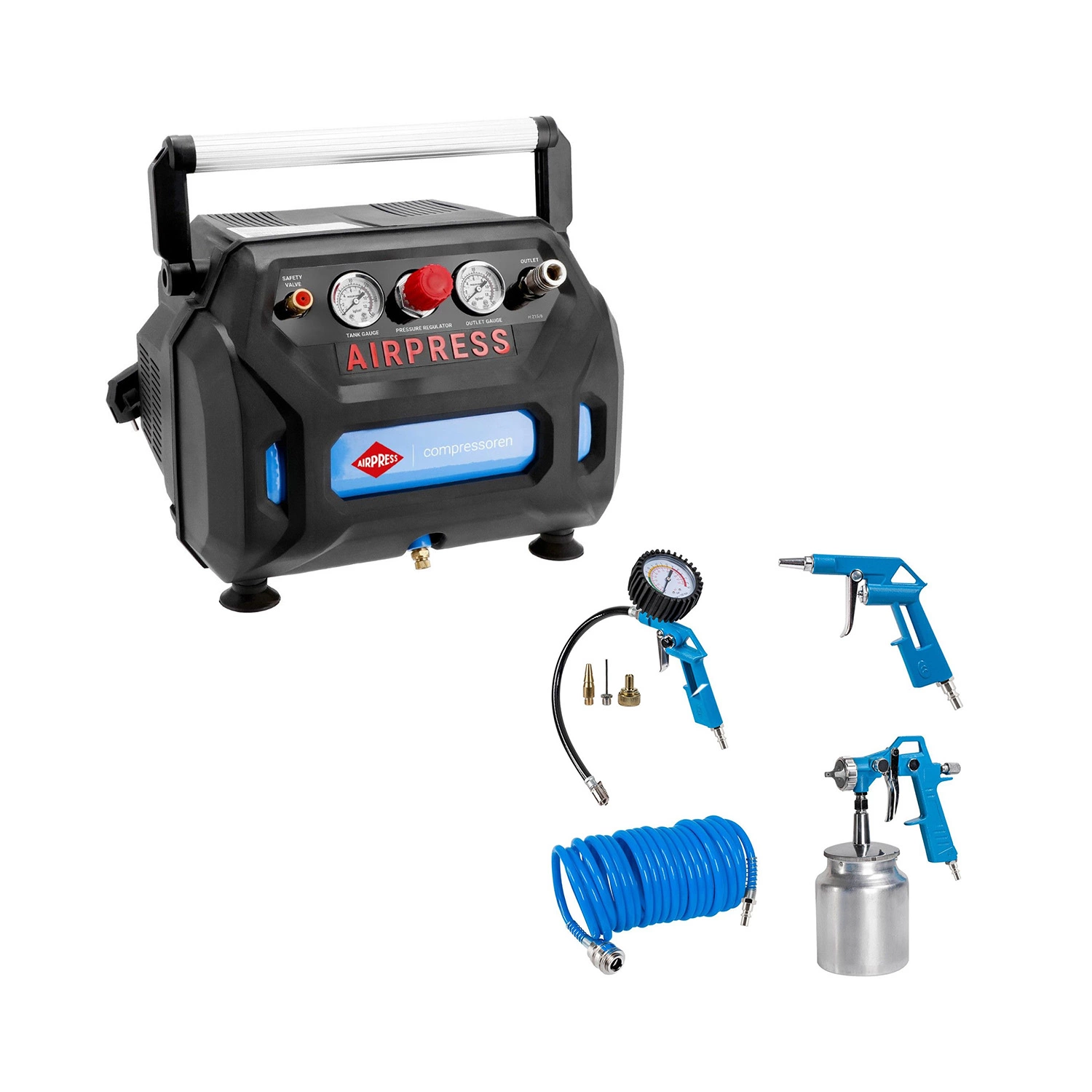 Airpress H 215-6 Compressor - Olievrij - 8bar - 92l/min - 6L - met gratis 7-delige Airpress accessoiresset