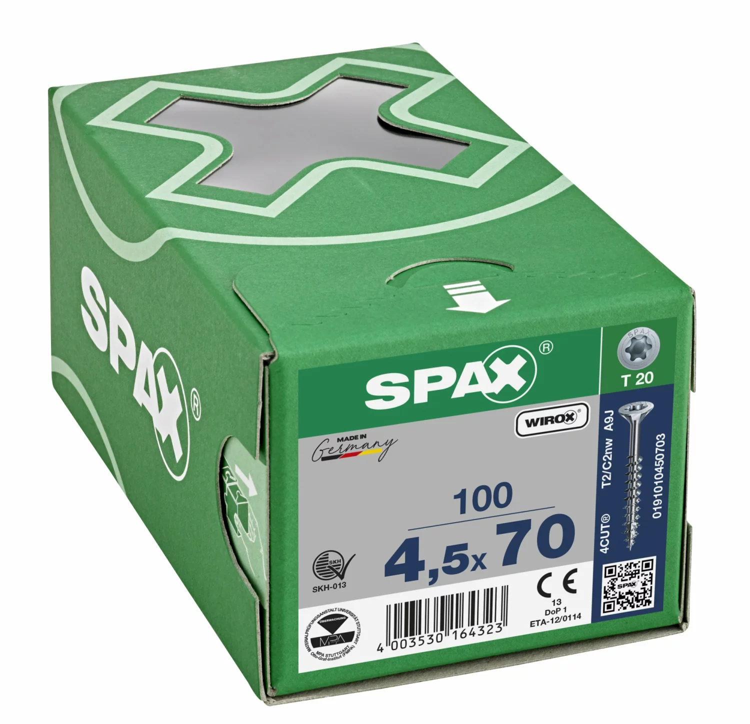 SPAX 191010450703 - Vis universelle, 4,5 x 70 mm, 100 pièces, Filetage partiel, Tête fraisée, T-STAR plus T20, 4CUT, WIROX-image