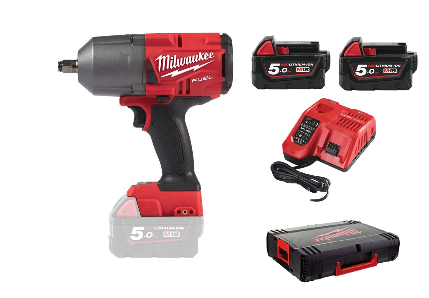 Milwaukee M18 FHIWF12-502X - Set clé à choc Li-Ion 18V (2x batterie 5,0Ah) dans HD Box - 1356Nm - 1/2" - moteur brushless-image