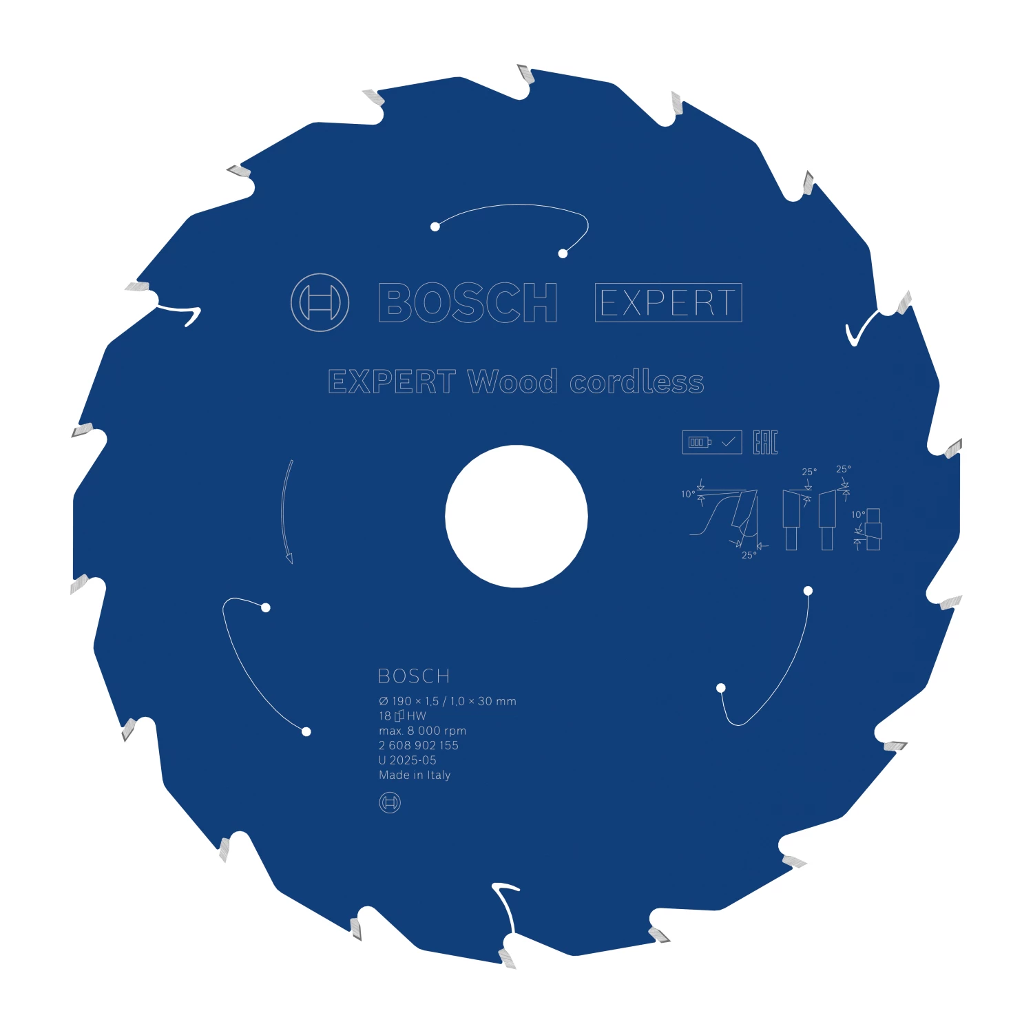 Bosch 2608902155 Lame de scie circulaire sans fil EXPERT pour bois - 190 x 30 x 18D-image