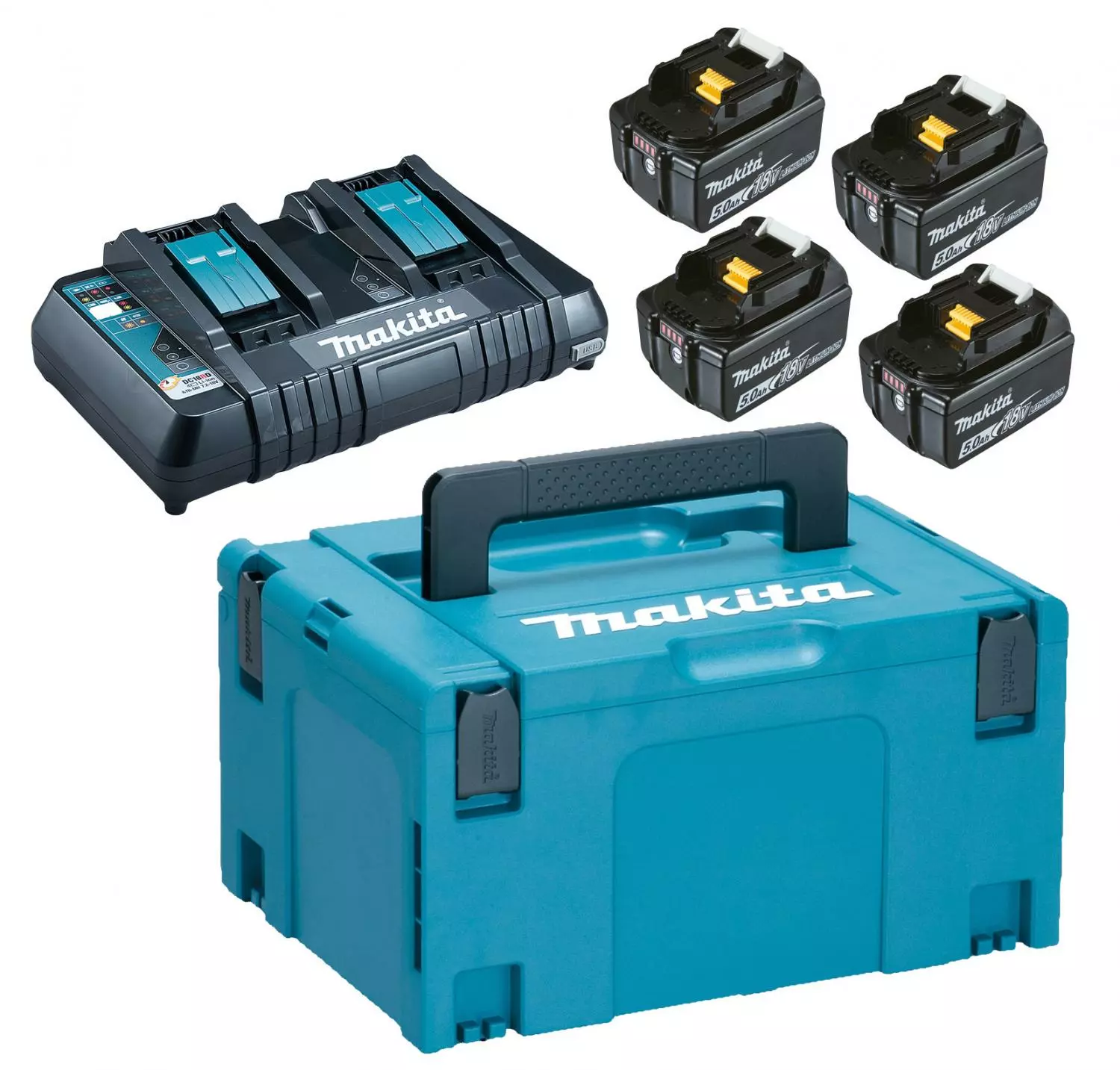 Makita 197626-8 - Pack Énergie 18 V Li-Ion (4 batteries + 1 chargeur double) avec coffret MAKPAC-image