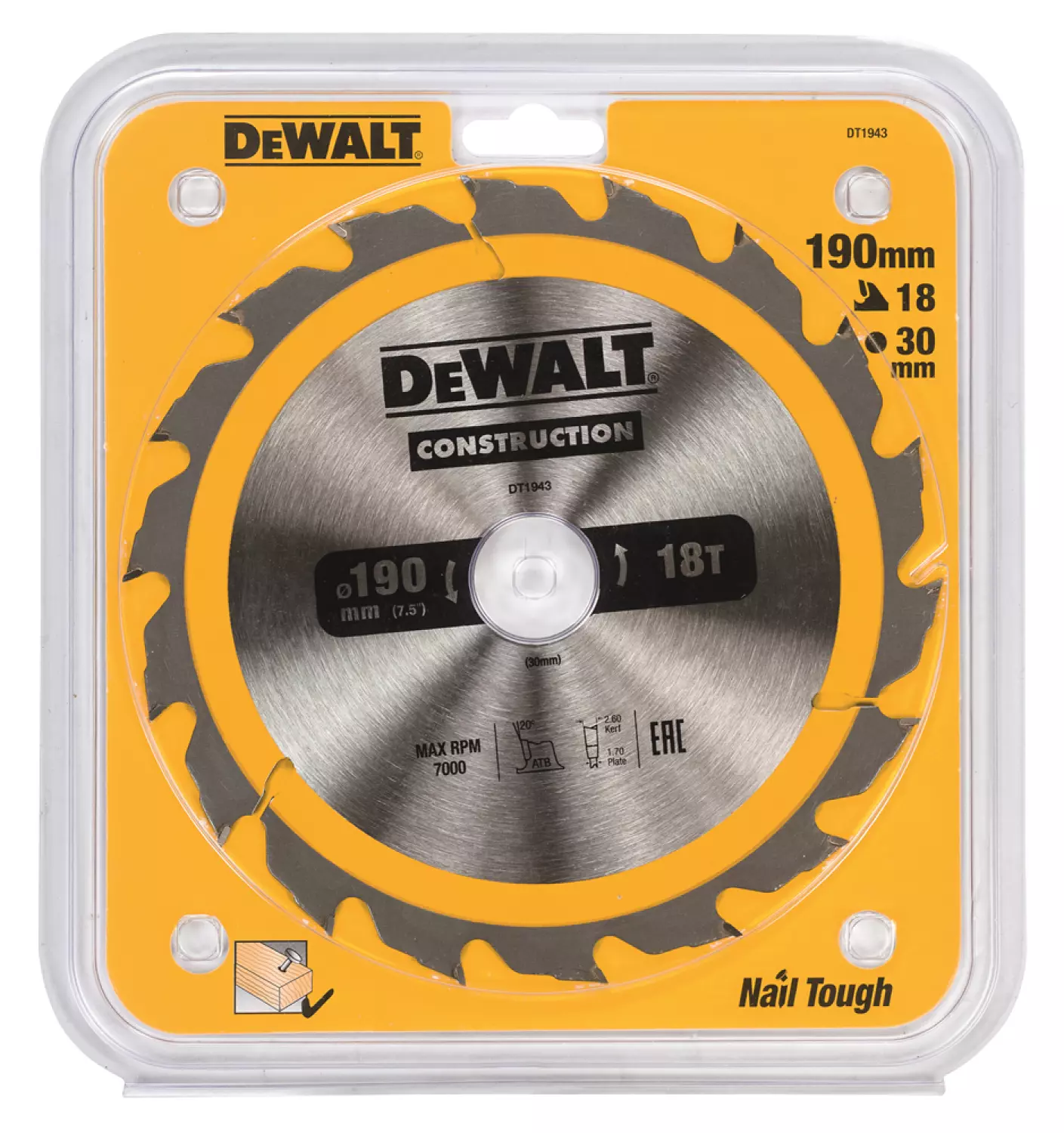 DeWALT DT1943 Circular Saw Blade - 190 x 30 x 18T - Wood (avec ongles)-image