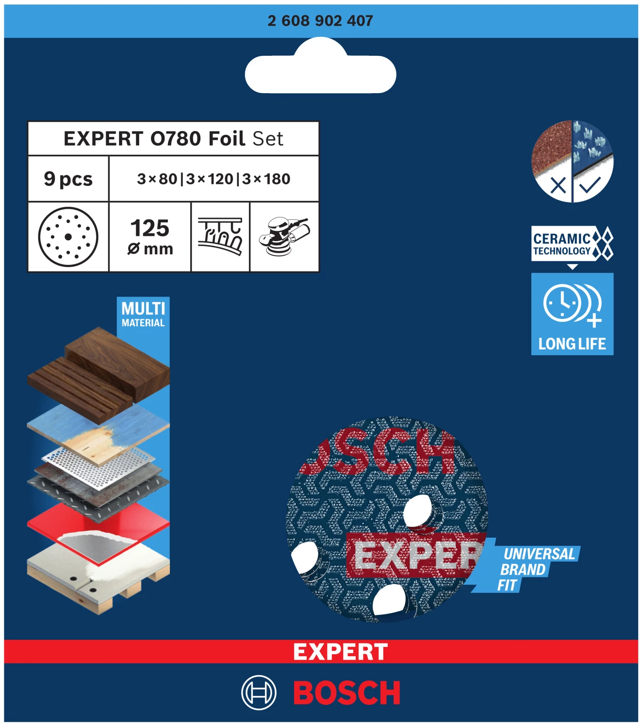 Bosch 2608902407 EXPERT Jeu de 9 disques abrasifs O780 avec support film - 125 mm - 3xK80/3xK120/3xK180-image