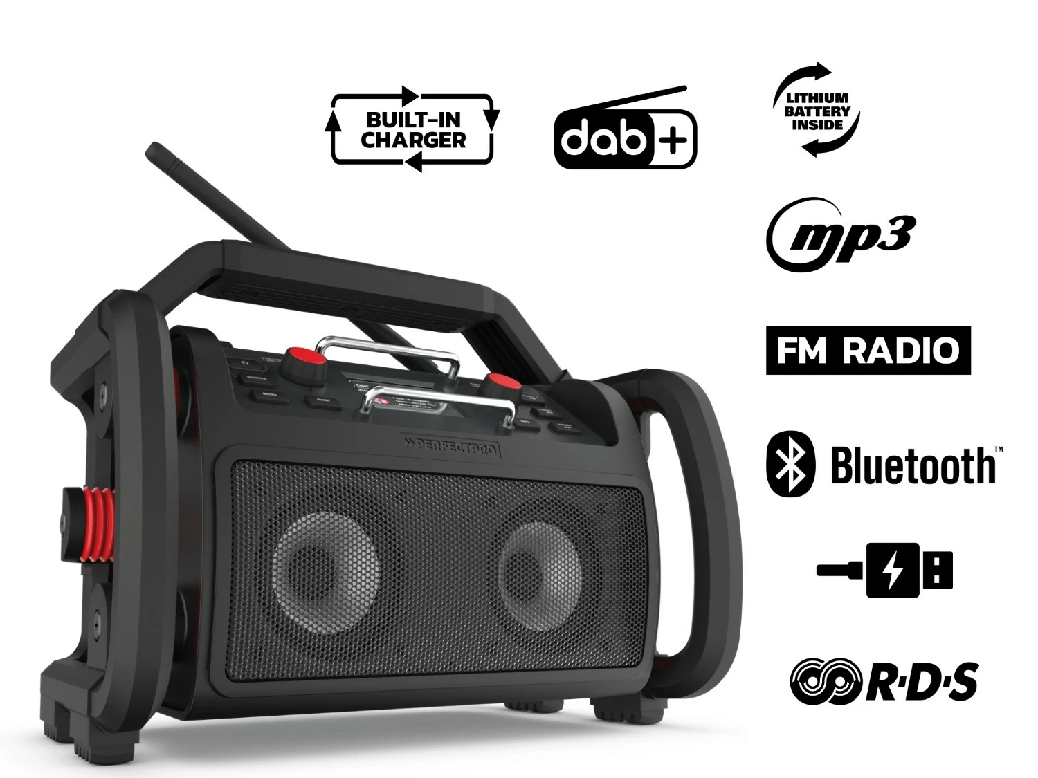 PerfectPro ROCKPRO Bouwradio - FM RDS / DAB+ - AUX-in - bluetooth - werkt op netstroom en lithium accu-image