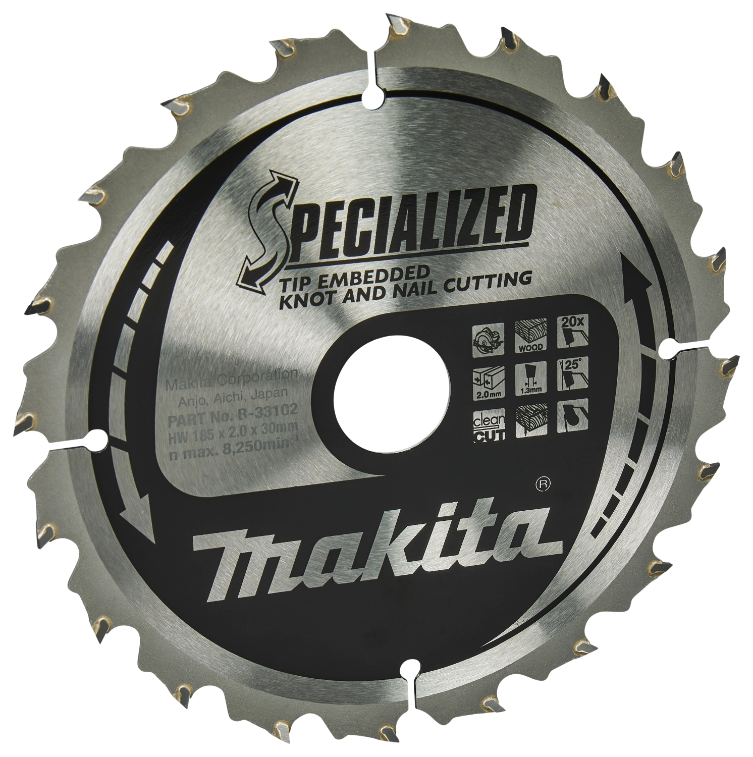 Makita B-33102 Lame de scie circulaire pour bois (nœuds/clous) - 185 x 30 x 2,0 mm 20D