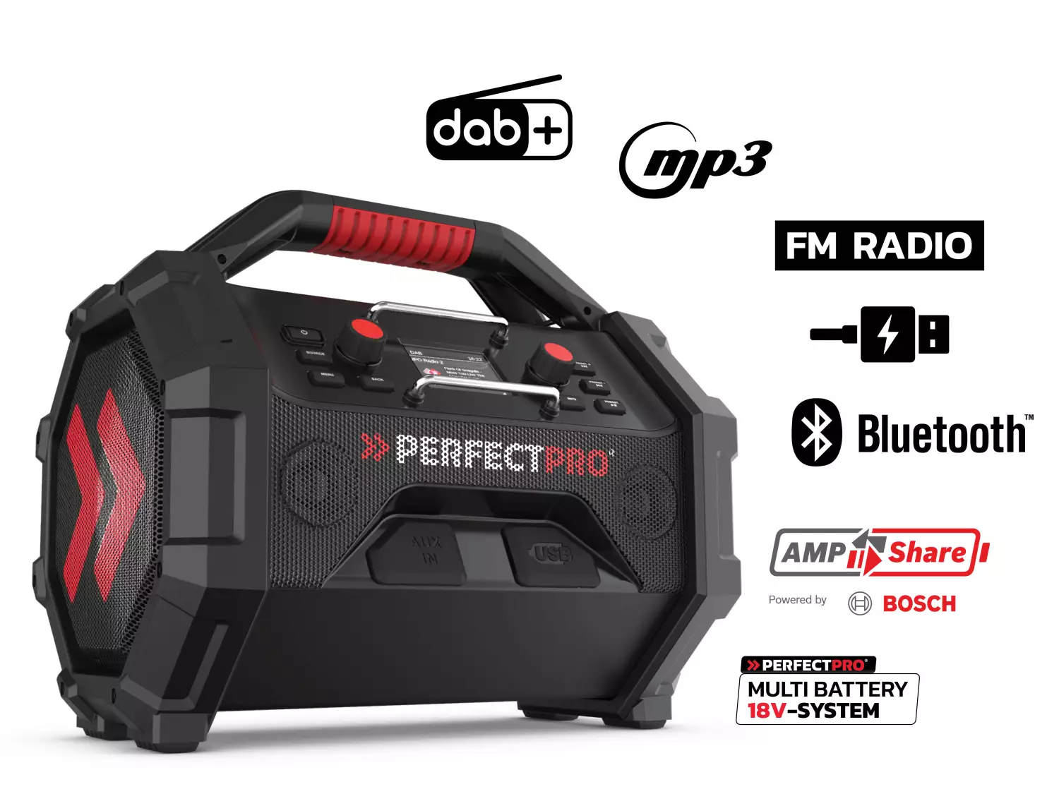 PerfectPro ROCKTAGON OCT-18V radio de chantier multi-piles - FM RDS - DAB+ - Bluetooth - AUX In-image