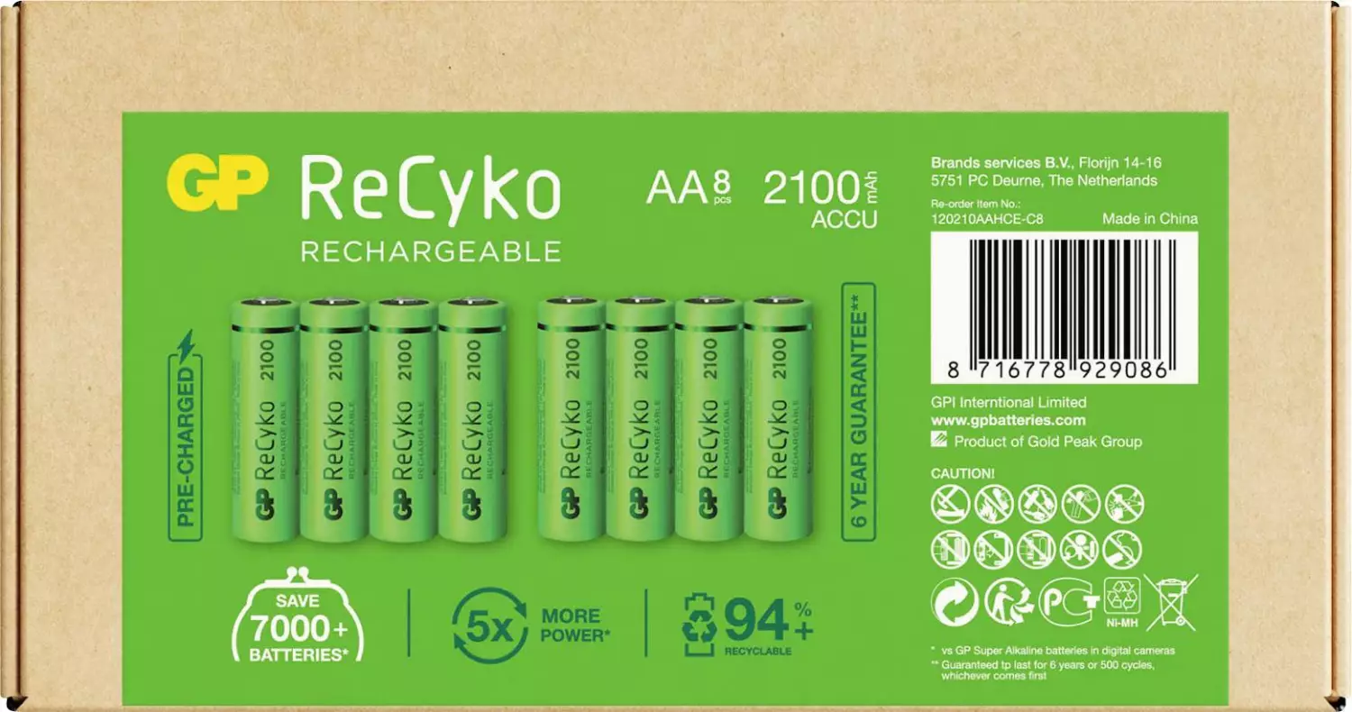 GP NiMH 2100 mAh ReCyko Oplaadbaar batterij 1,2V (8st) - AA - 120210AAHCE-C8-image