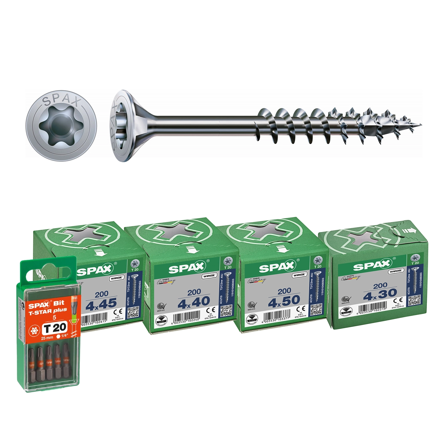 SPAX 4-Delige Universele schroefset - T-STAR plus T20 - Platverzonken kop - Voldraad - WIROX (800st)  incl. SPAX bit T20 (5st)-image