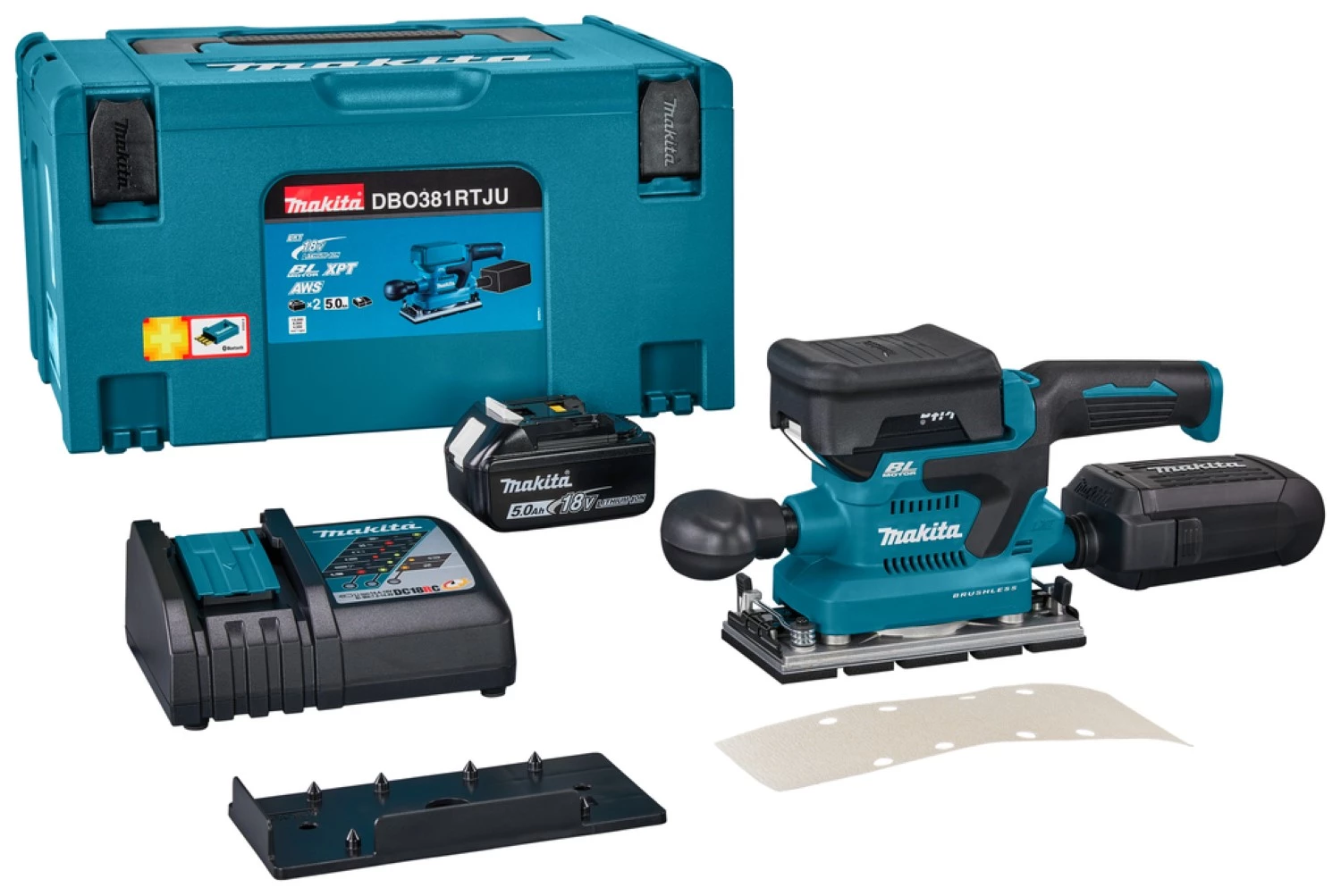 Makita DBO381RTJU 18V Li-ion accu vlakschuurmachine set (2x 5,0Ah) in Mbox incl. AWS zender - 93x230mm - koolborstelloos-image