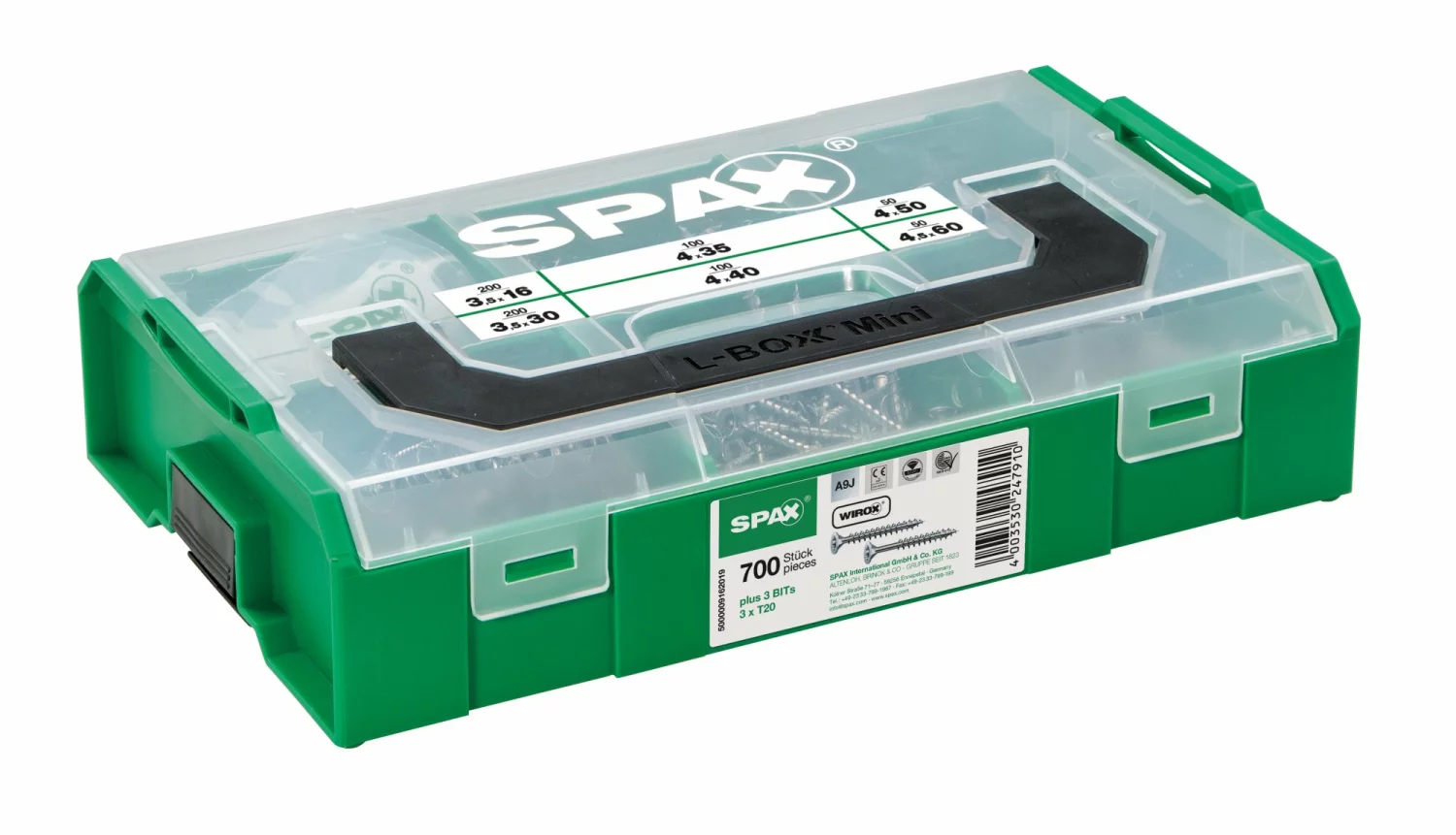 SPAX 5000009162019 - Coffret de montage L-BOXX Mini, 1 pièce, Assortiment de vis avec 6 dimensions, Tête fraisée, T-STAR plus, 4CUT, WIROX