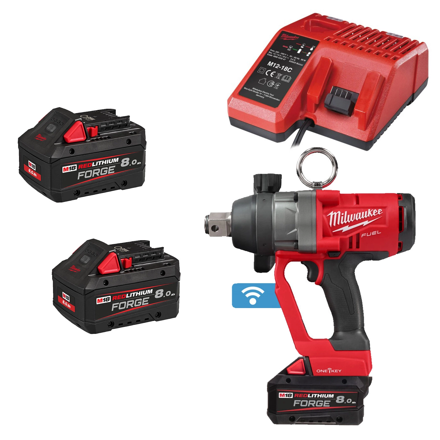 Milwaukee M18 ONEFHIWF1-802X 18 V Li-ion batterie à clé à chocs avec anneau de friction ensemble (2 batteries 8,0 Ah) - 1'' - 2400 Nm-image