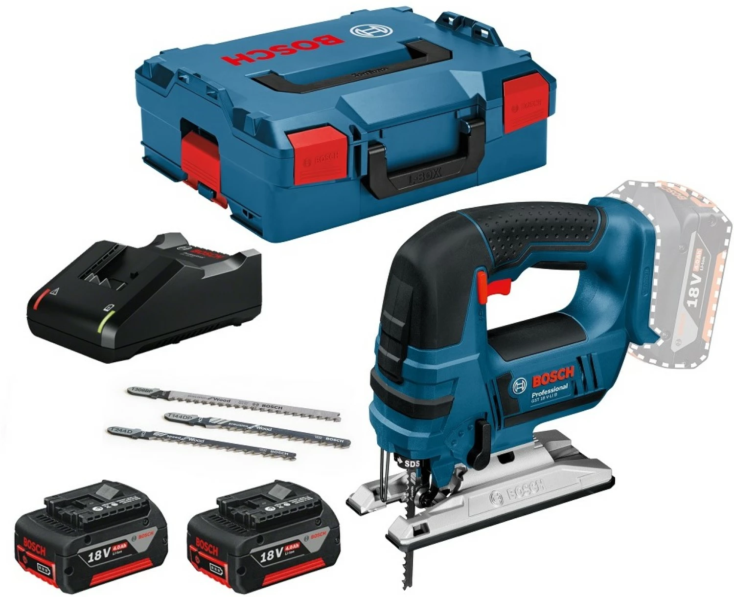 Bosch GST 18 V-LI B 18V Li-Ion accu decoupeerzaag set (2x 4.0Ah accu) in L-boxx + zaagbladen-image