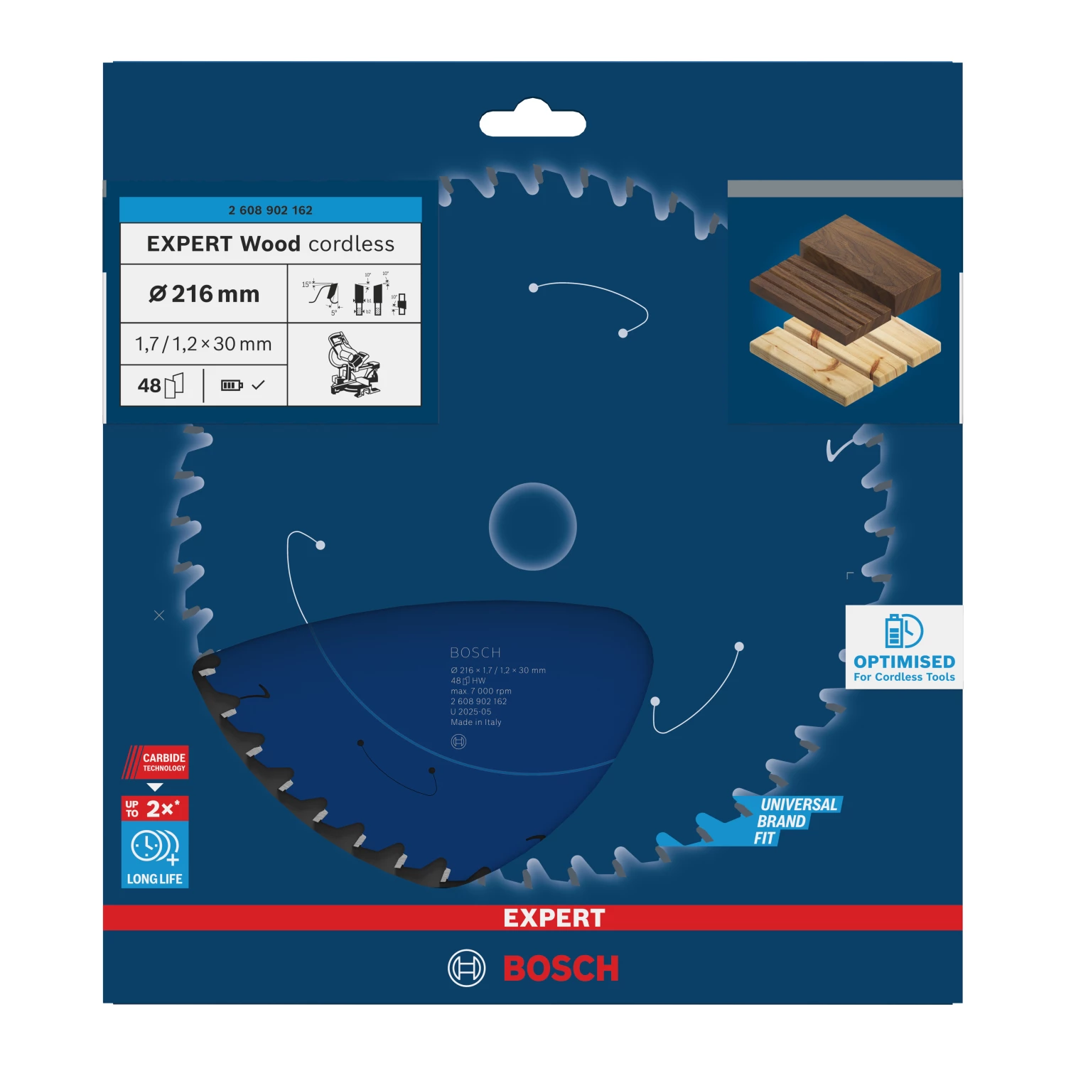 Bosch 2608902162 Lame de scie à tronçonner sans fil EXPERT pour bois - 216 x 30 x 48D