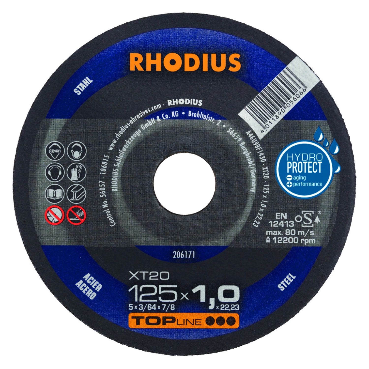 Rhodius 206171 TOPline lll XT20 Doorslijpschijf - Extra dun - 125 x 22,23 x 1mm - Staal-image