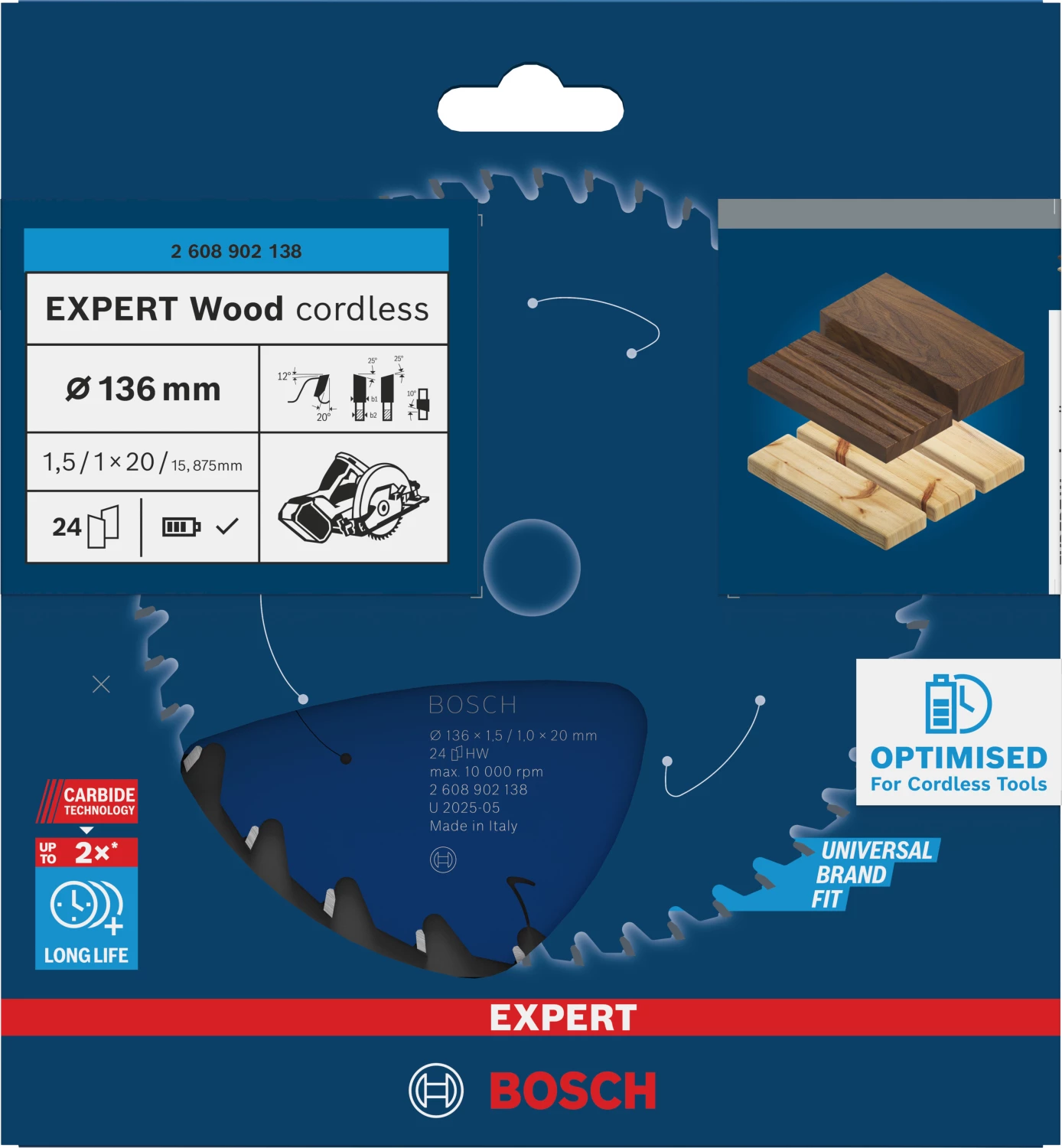 Bosch 2608902138 Lame de scie circulaire sans fil EXPERT pour bois - 136 x 20 x 24D-image
