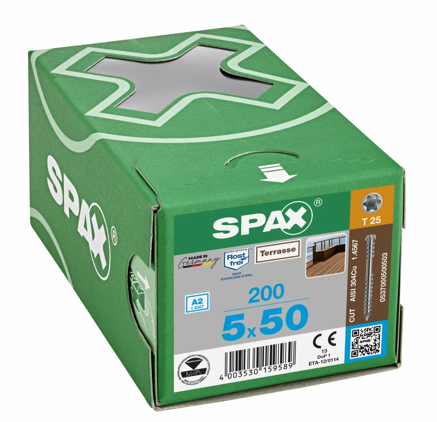 SPAX 537000500503 - Vis terrasse, 5 x 50 mm, 200 pièces, Filetage de fixation, Tête cylindrique, T-STAR plus T25, Pointe CUT, Acier inoxydable A2-image